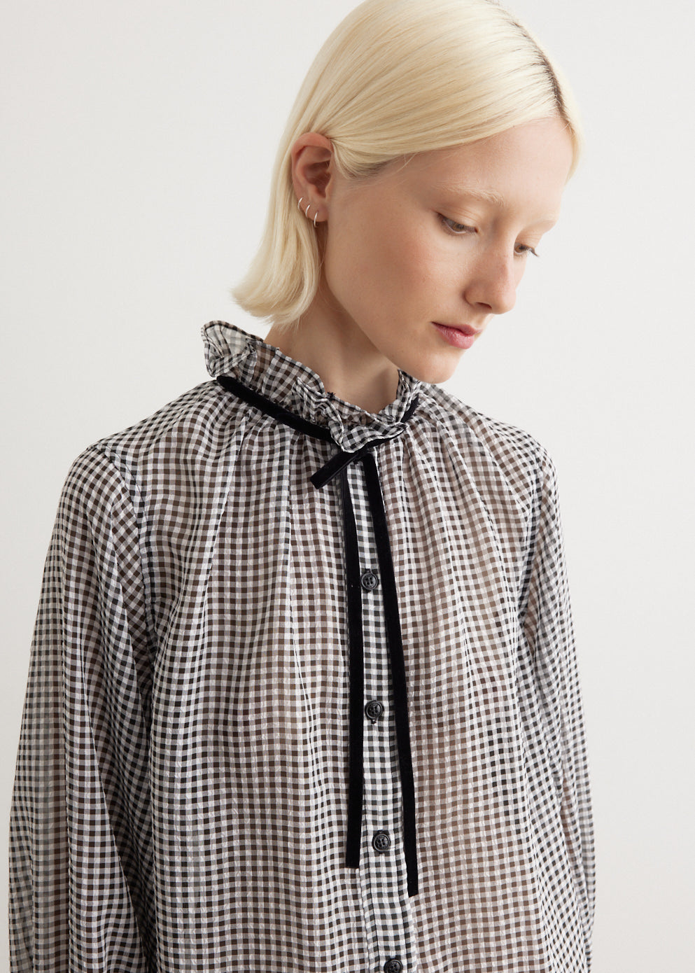 Sheer Fluid Check Tie String Shirt