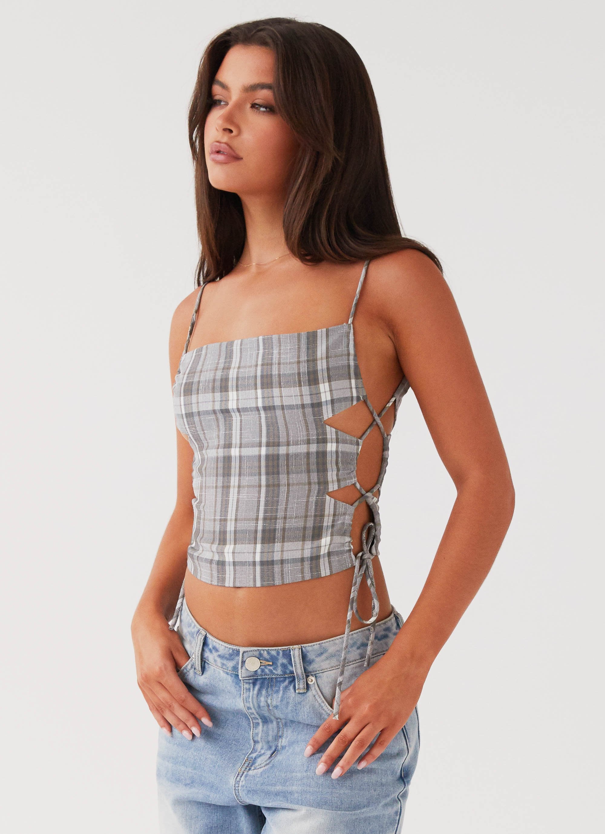 Trista Tie Top - Grey Tartan