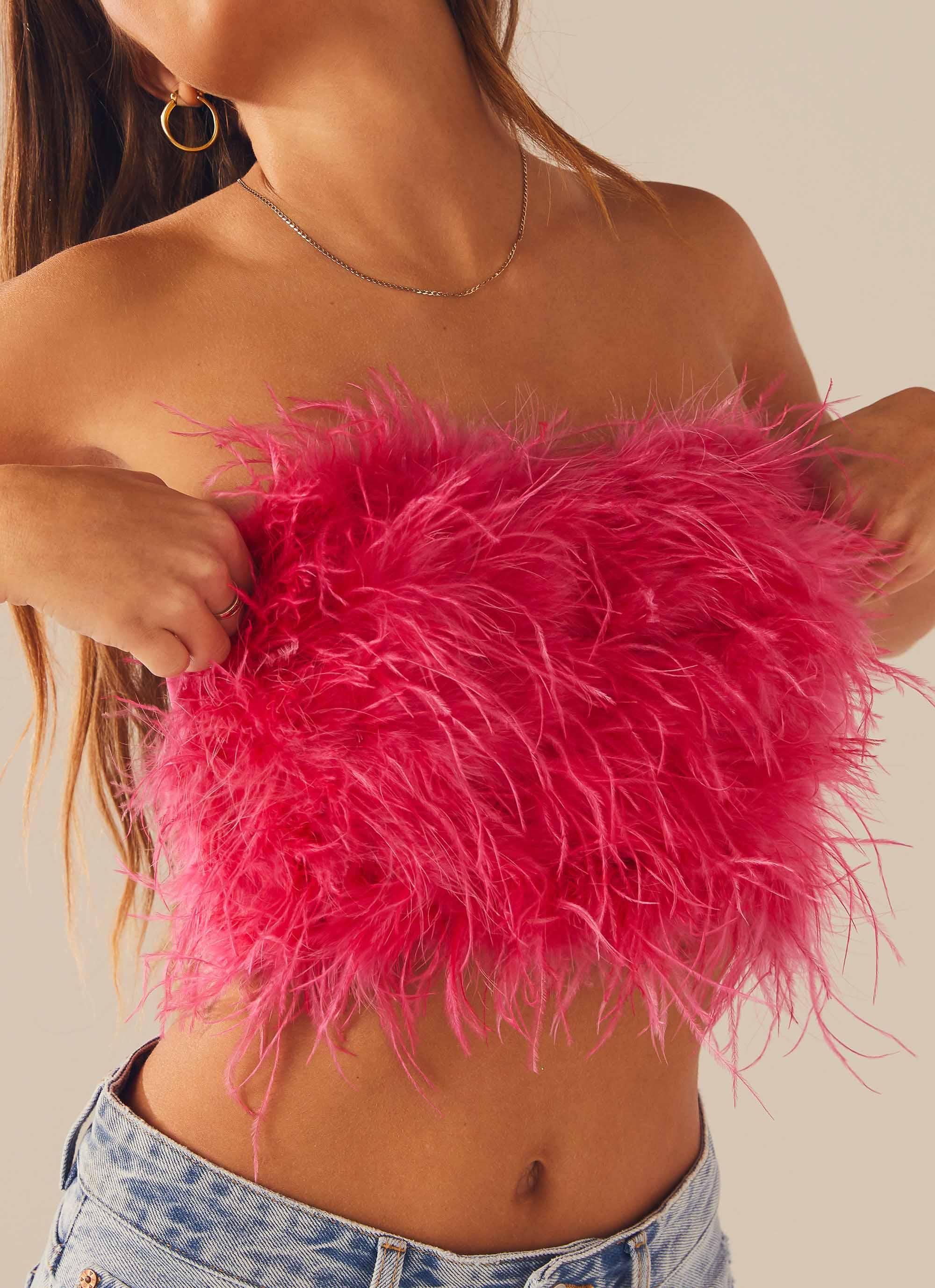 The Night Is Ours Feather Crop Top - Pink Cosmo