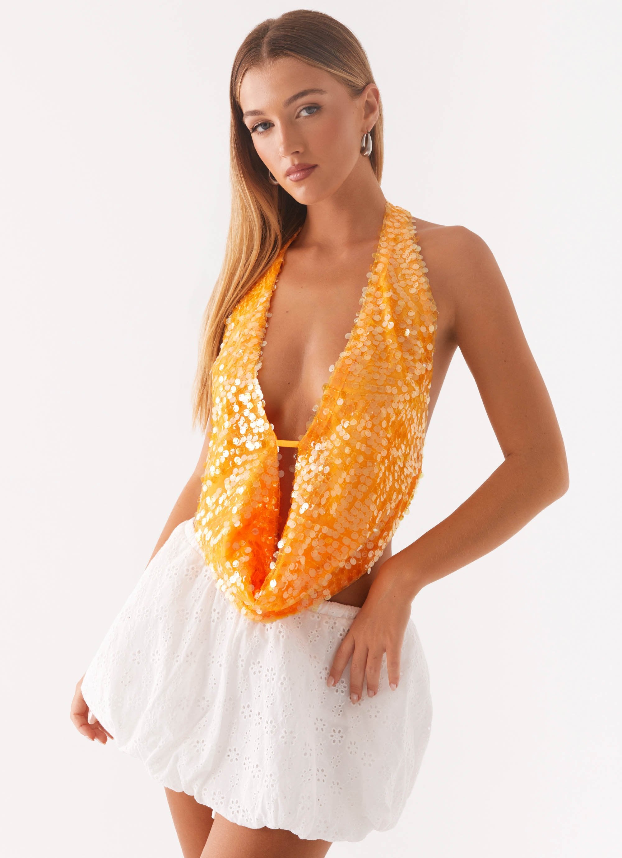 Rio Dreams Cowl Neck Halter Top - Orange