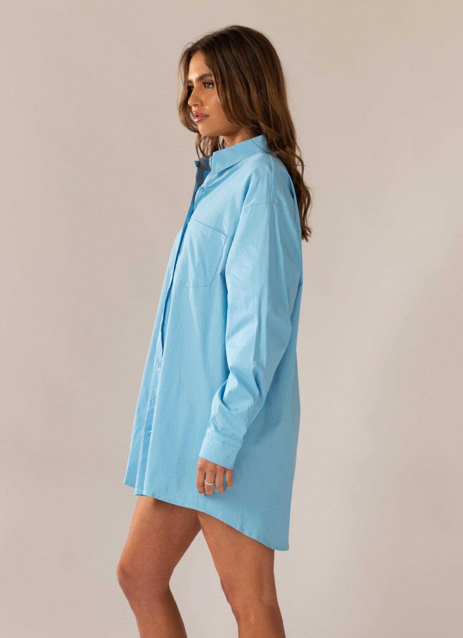 Fresh Outlook Shirt Dress - Cornflower Blue