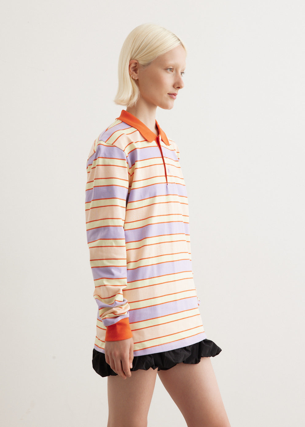 Striped Contrast Trim Long Sleeve Polo Top
