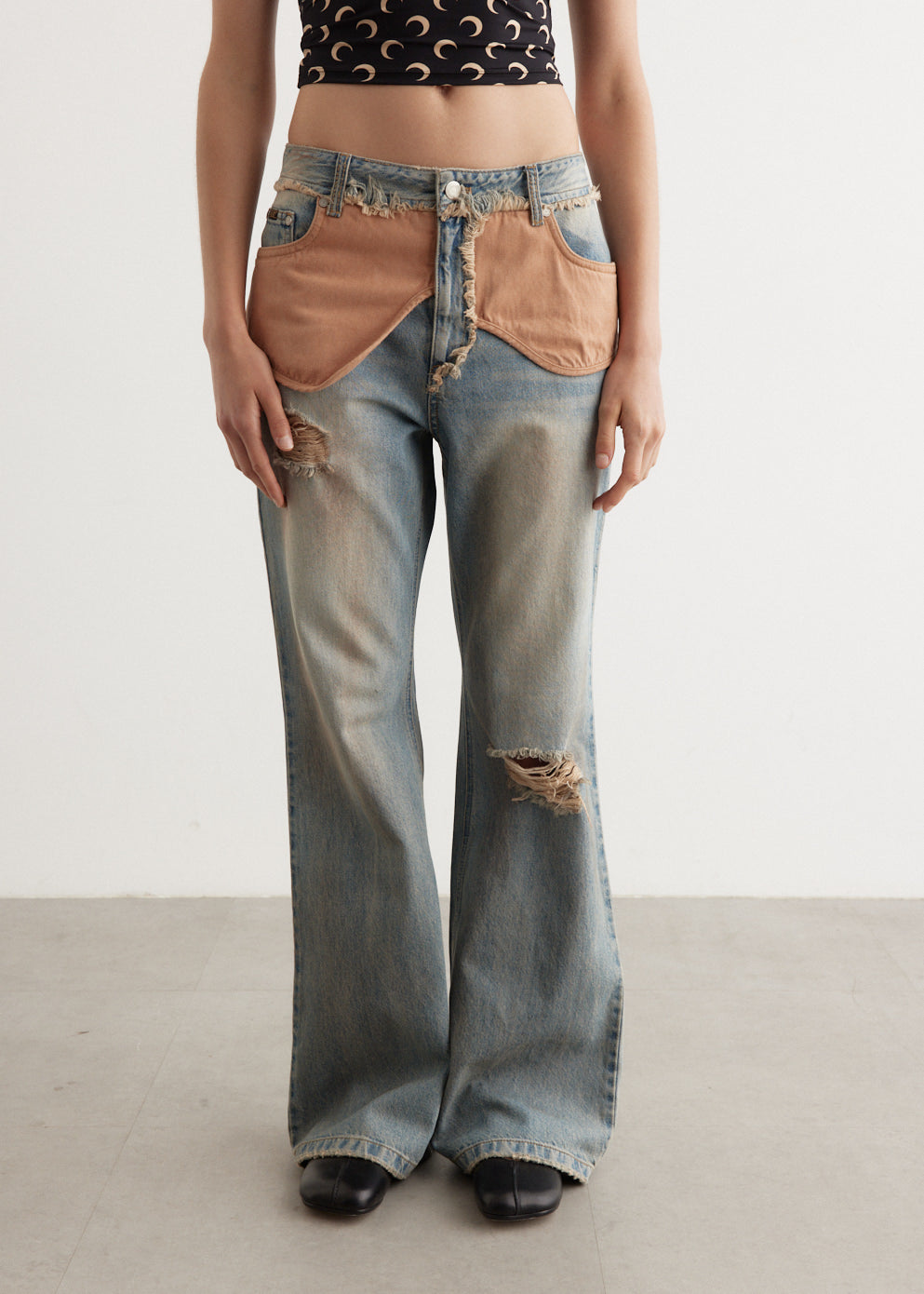 Deconstructed Dirty Wash Bootcut Jeans