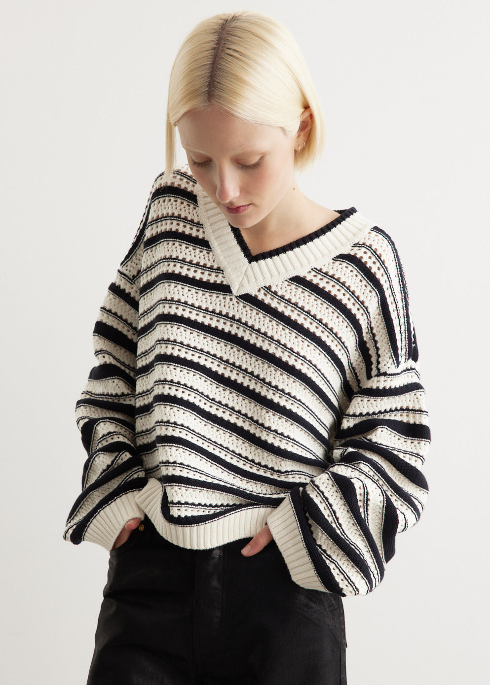 Striped Cotton Pointelle V-Neck