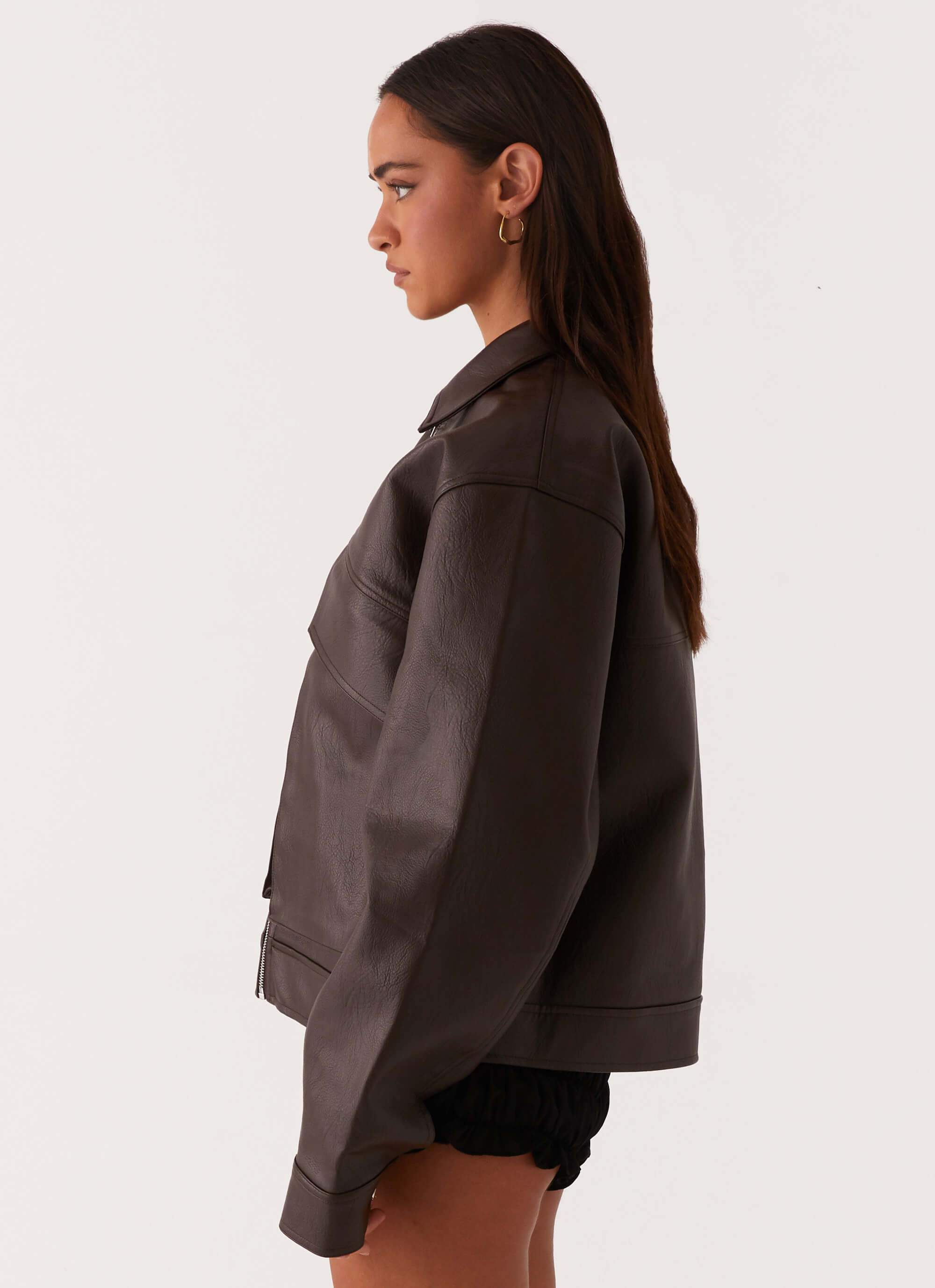 Lula Faux Leather Bomber Jacket - Chocolate