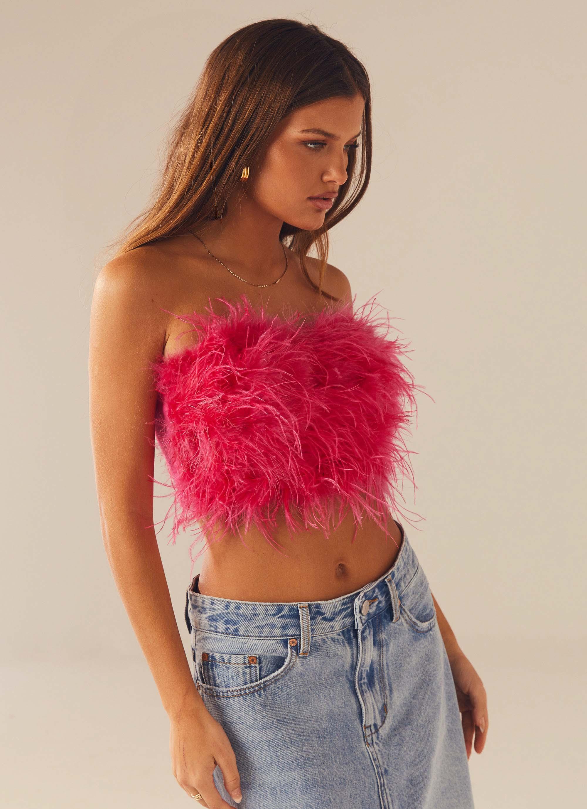 The Night Is Ours Feather Crop Top - Pink Cosmo