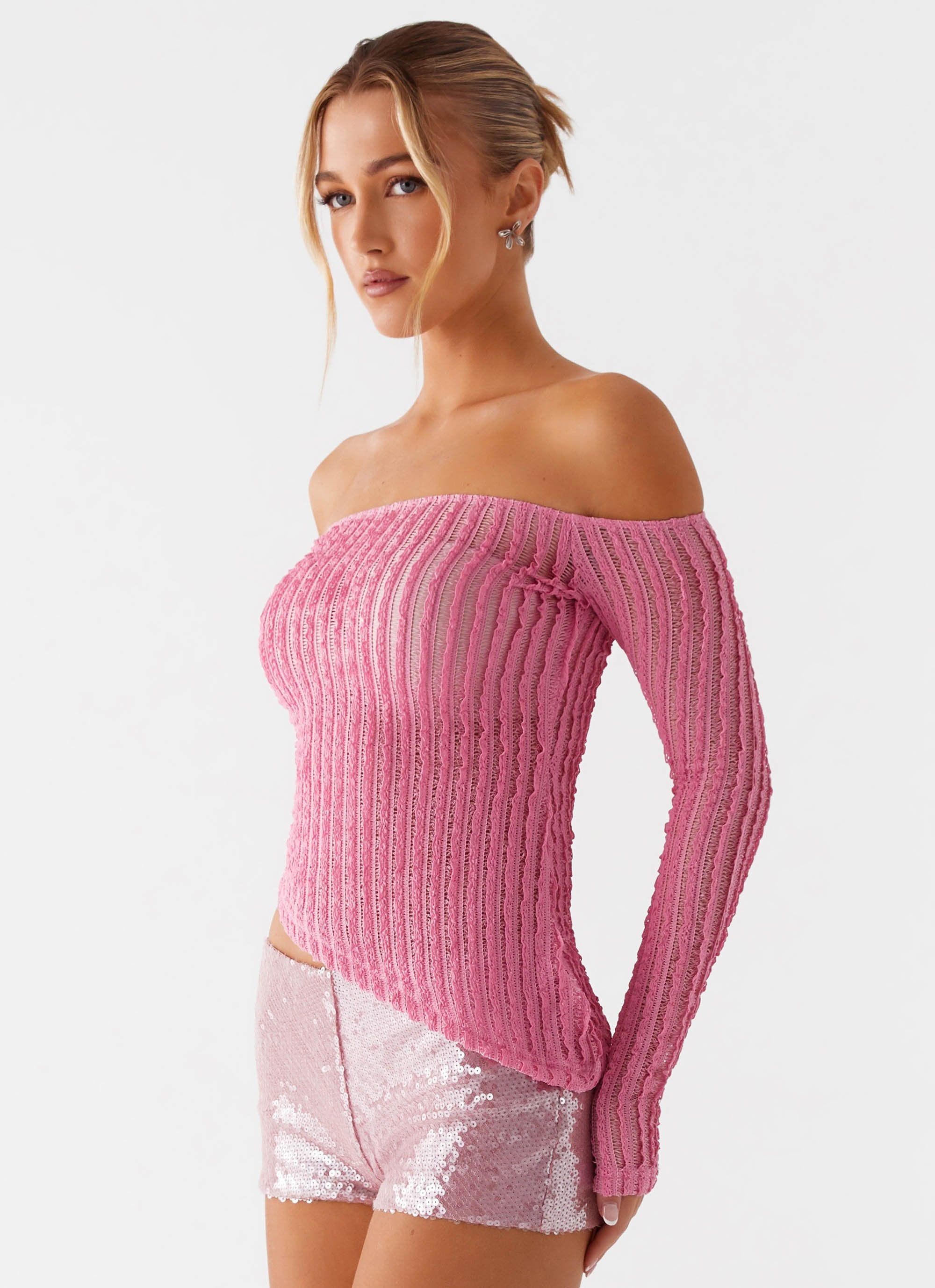 Raquel Off Shoulder Long Sleeve Top - Pink