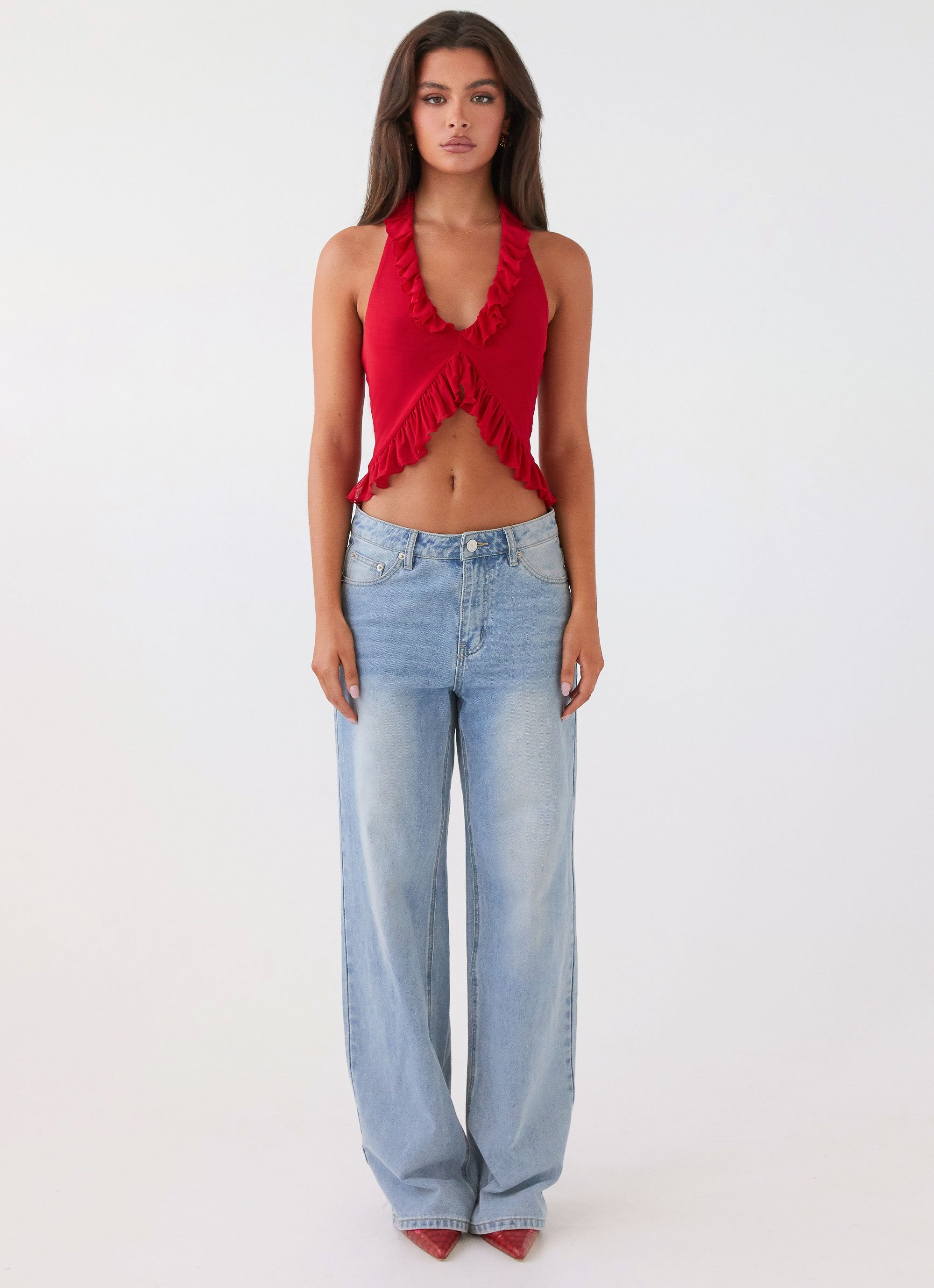 Tanya Mesh Frill Top - Red