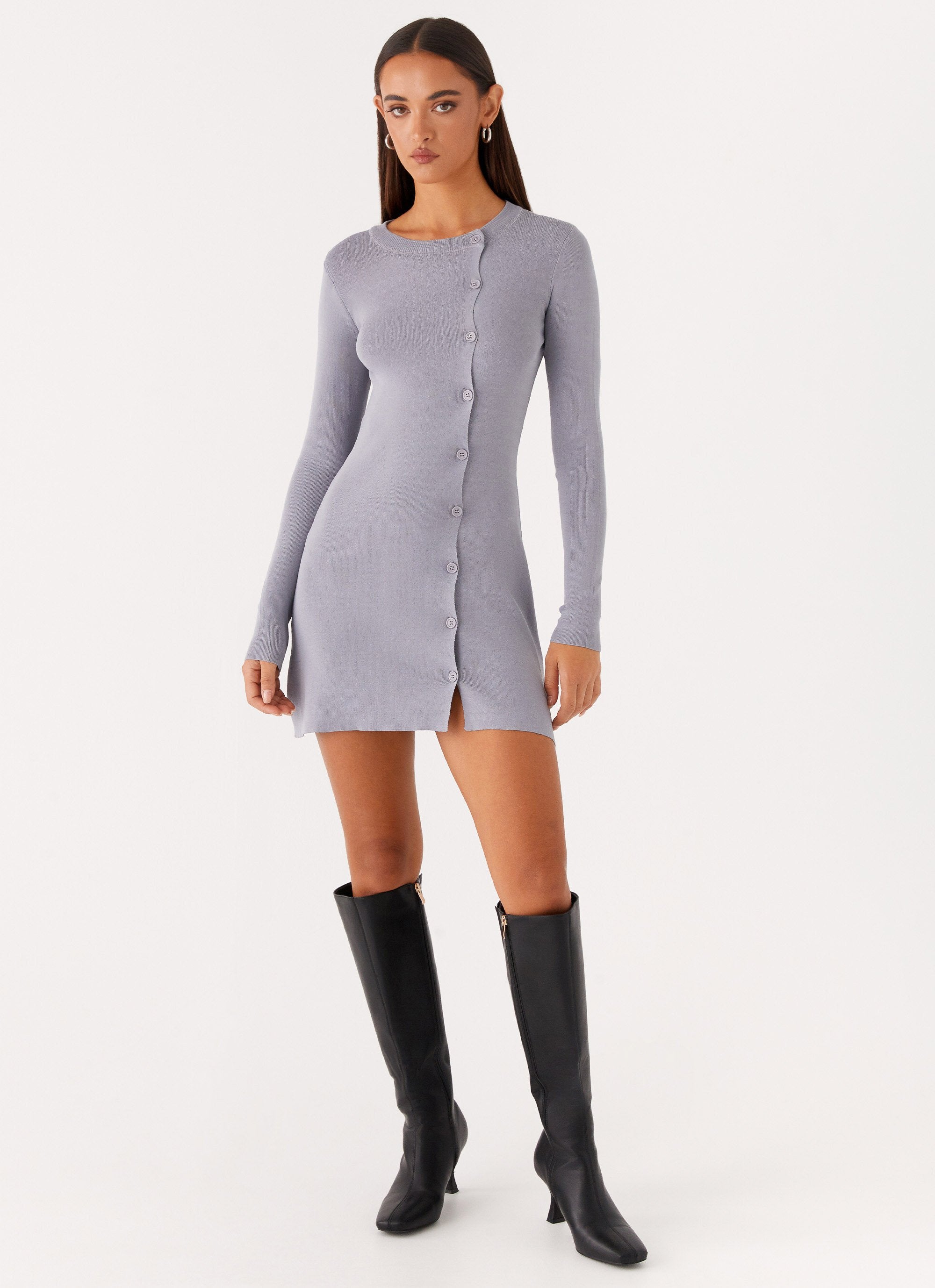 Not One Time Long Sleeve Knit Mini Dress - Grey