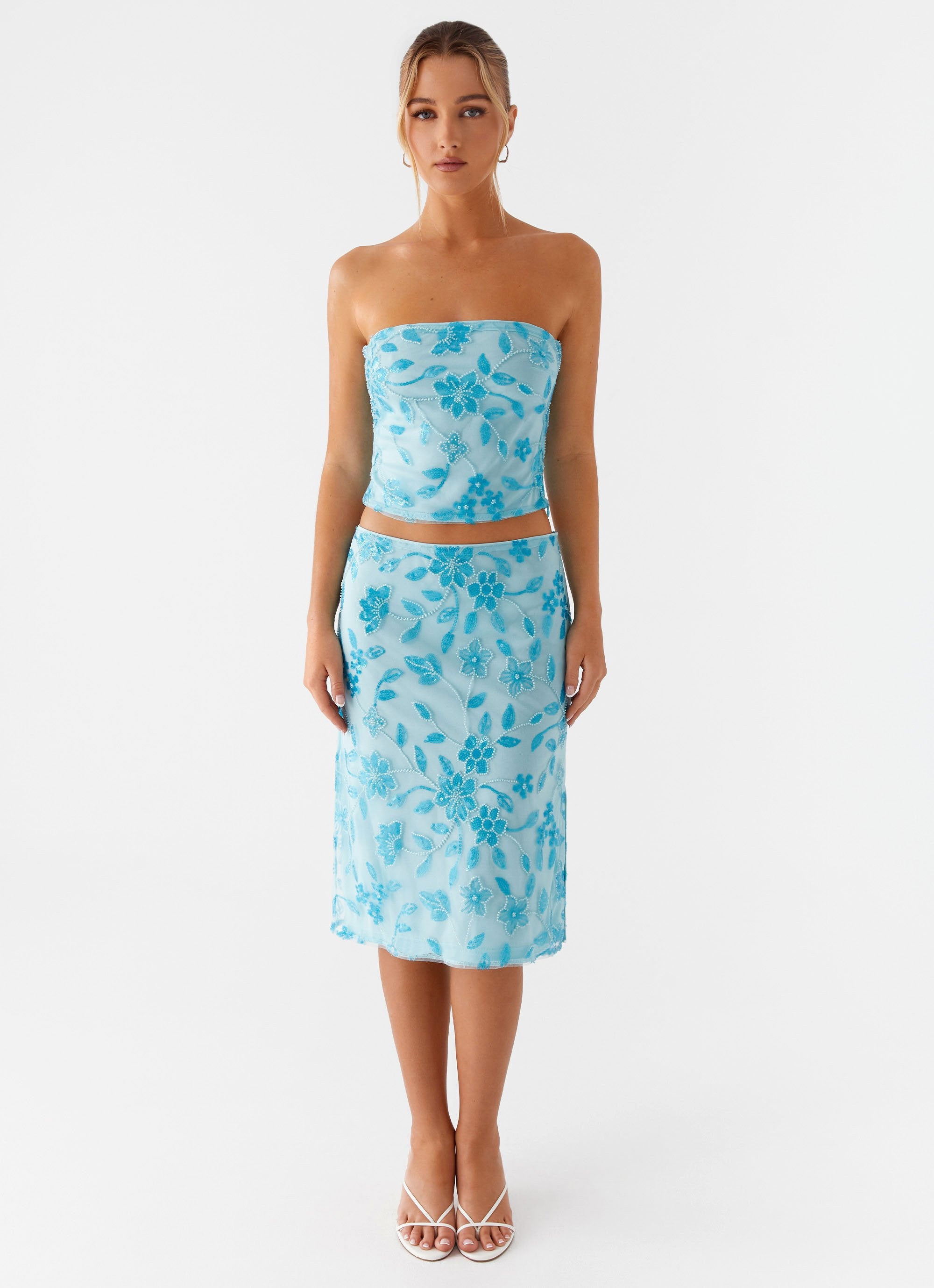 By Your Side Beaded Midi Skirt - Blue