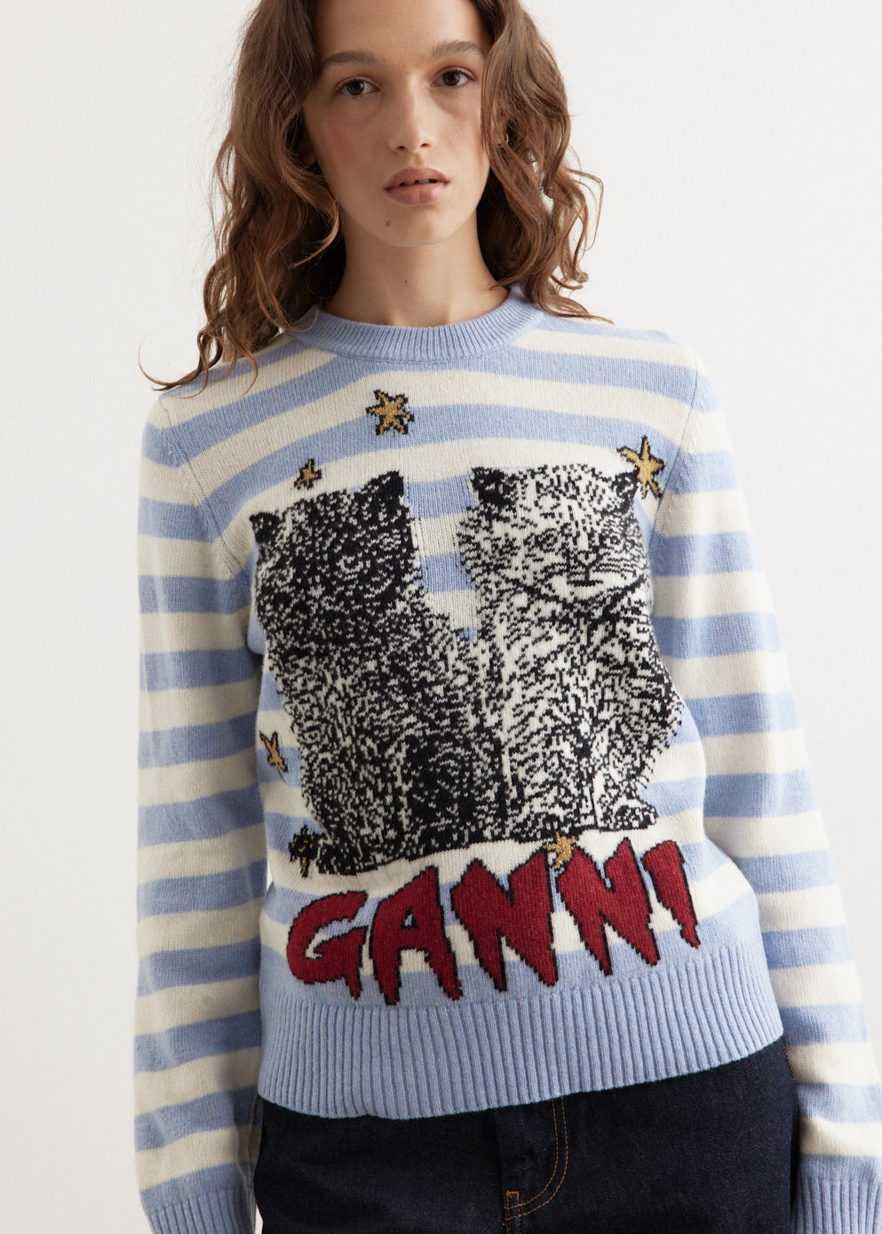 Striped Graphic Wool Mix Cats Crewneck