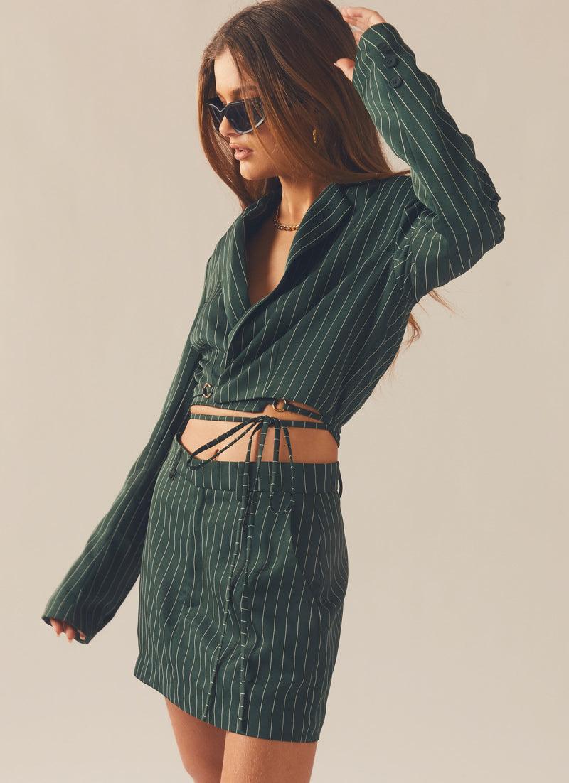 Forbidden Suit Skirt - Green Pinstripe