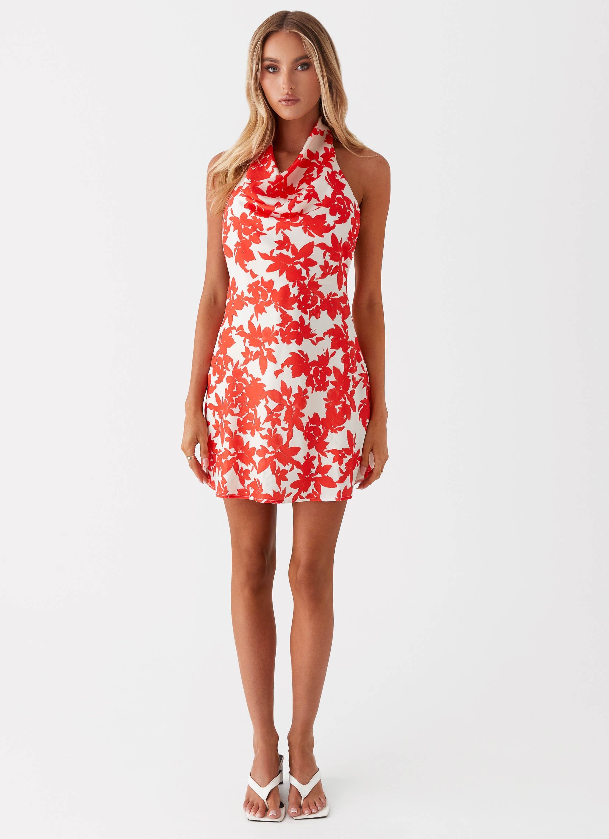 Carmine Bouquet Cowl Neck Mini Dress - Red Floral