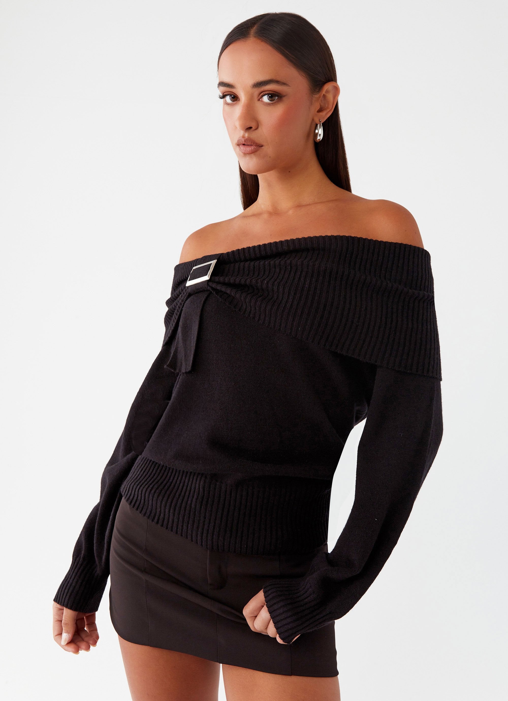 Buckle Up Oversized Bardot Knit Sweater - Black