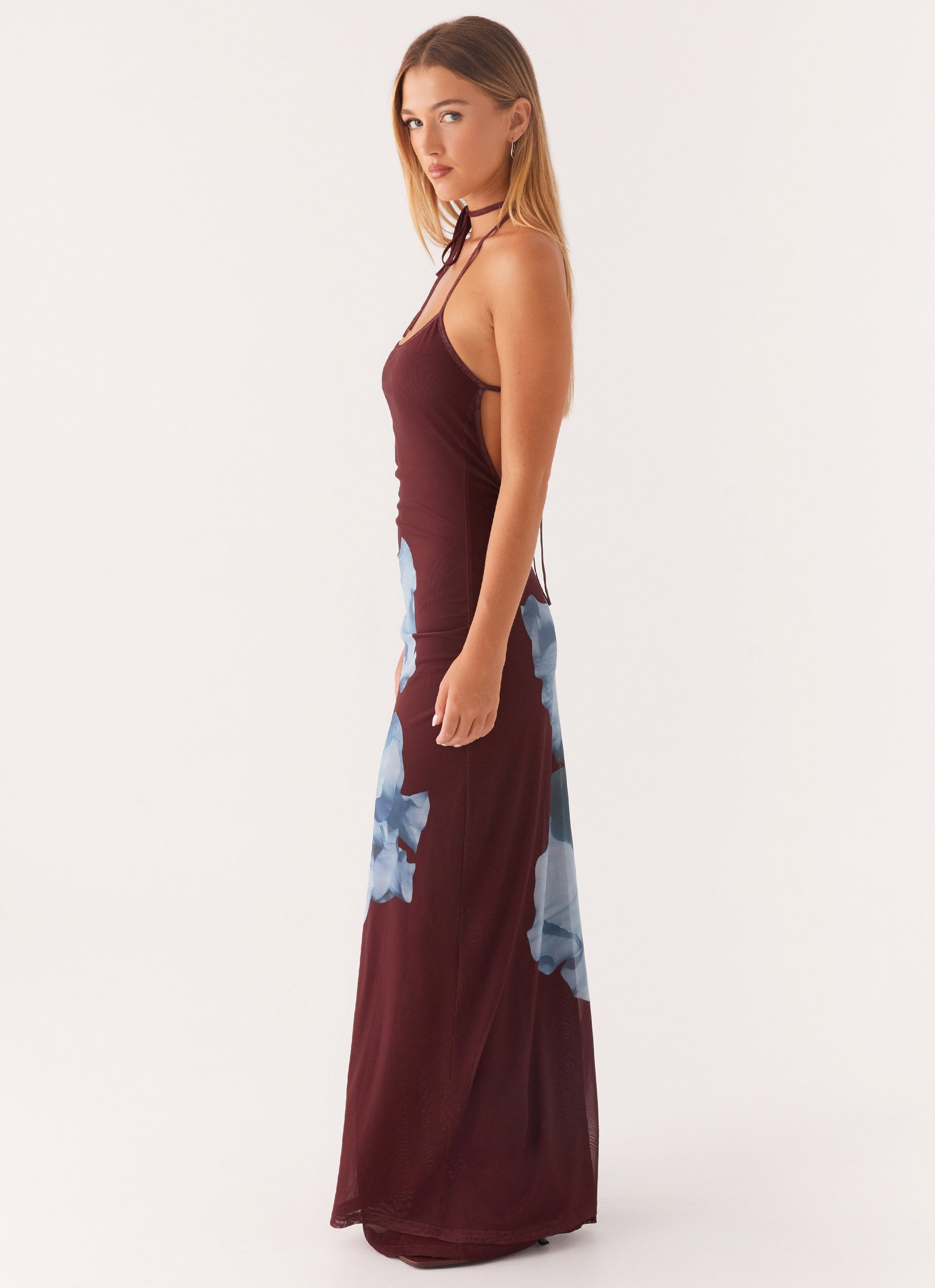 Dayana Halterneck Maxi Dress - Maroon Print