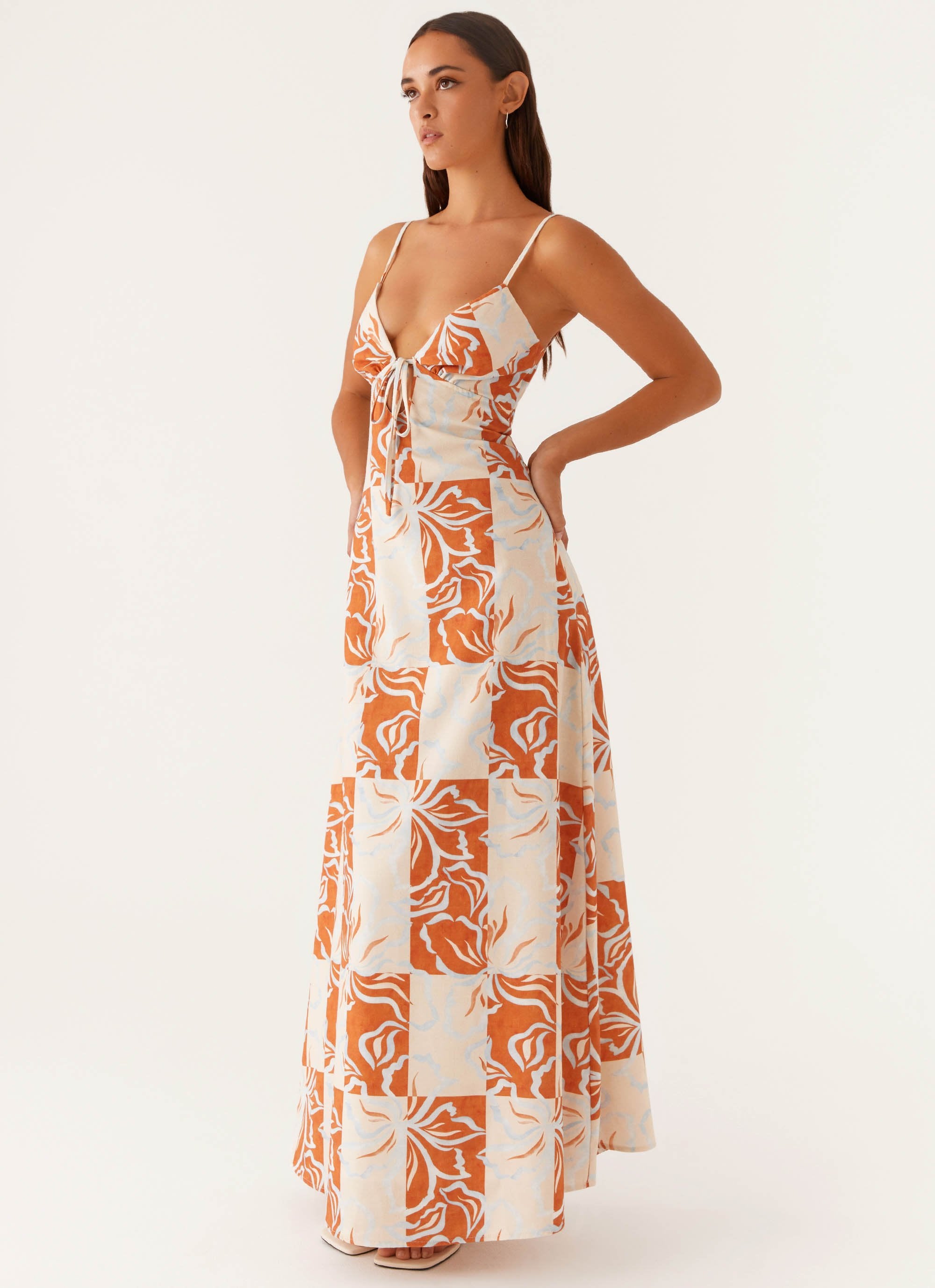 Flora Linen Maxi Dress - Orange Blue Floral