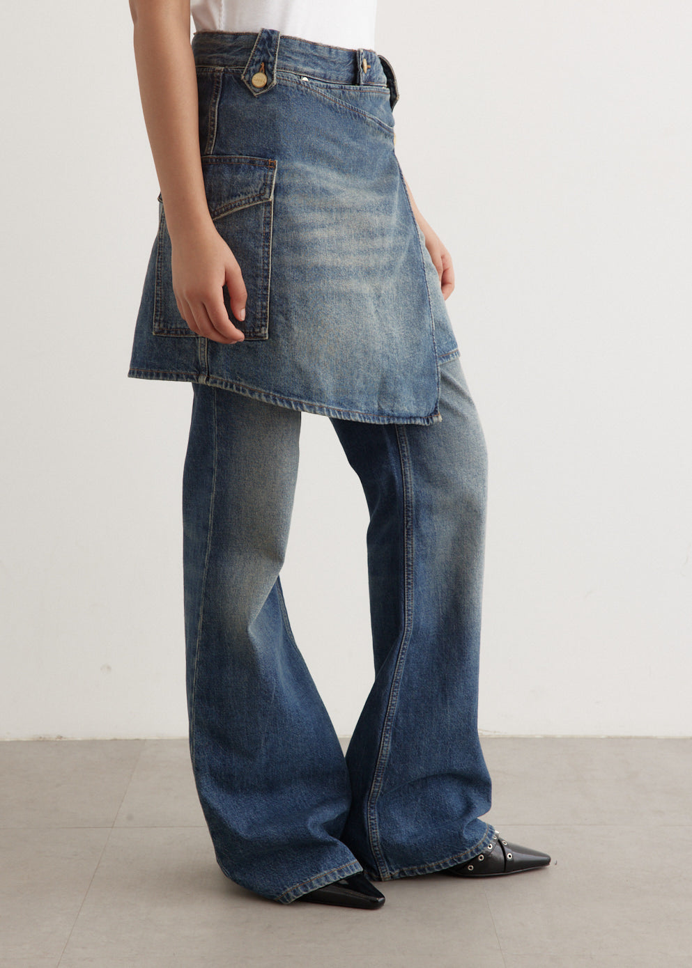 Heavy Washed Denim Flared Skirt Jeans