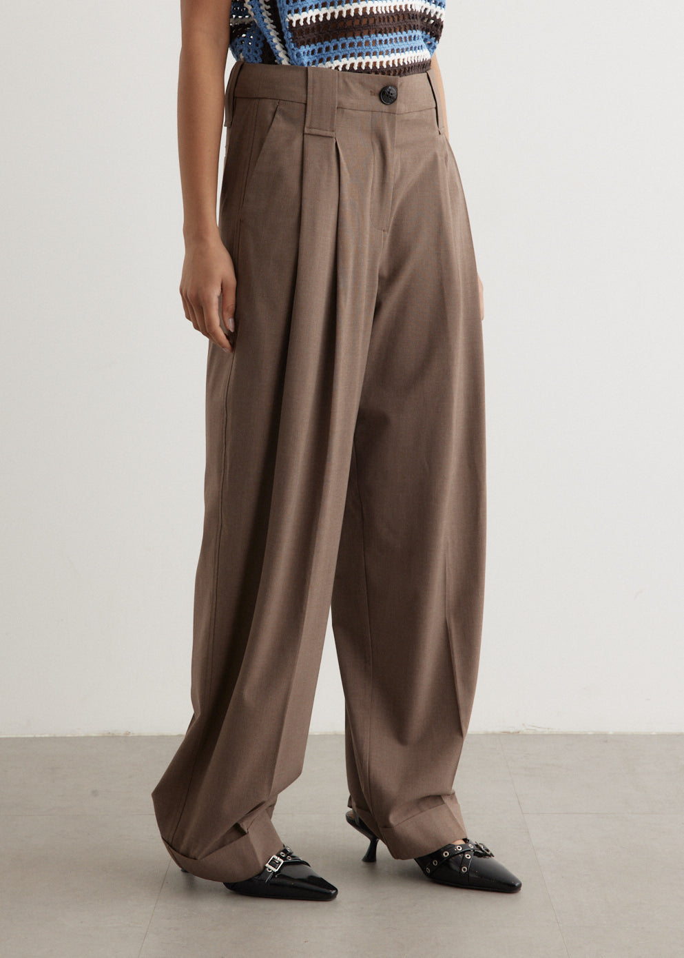 Drapey Melange Mid Waist Pleat Loose Pants