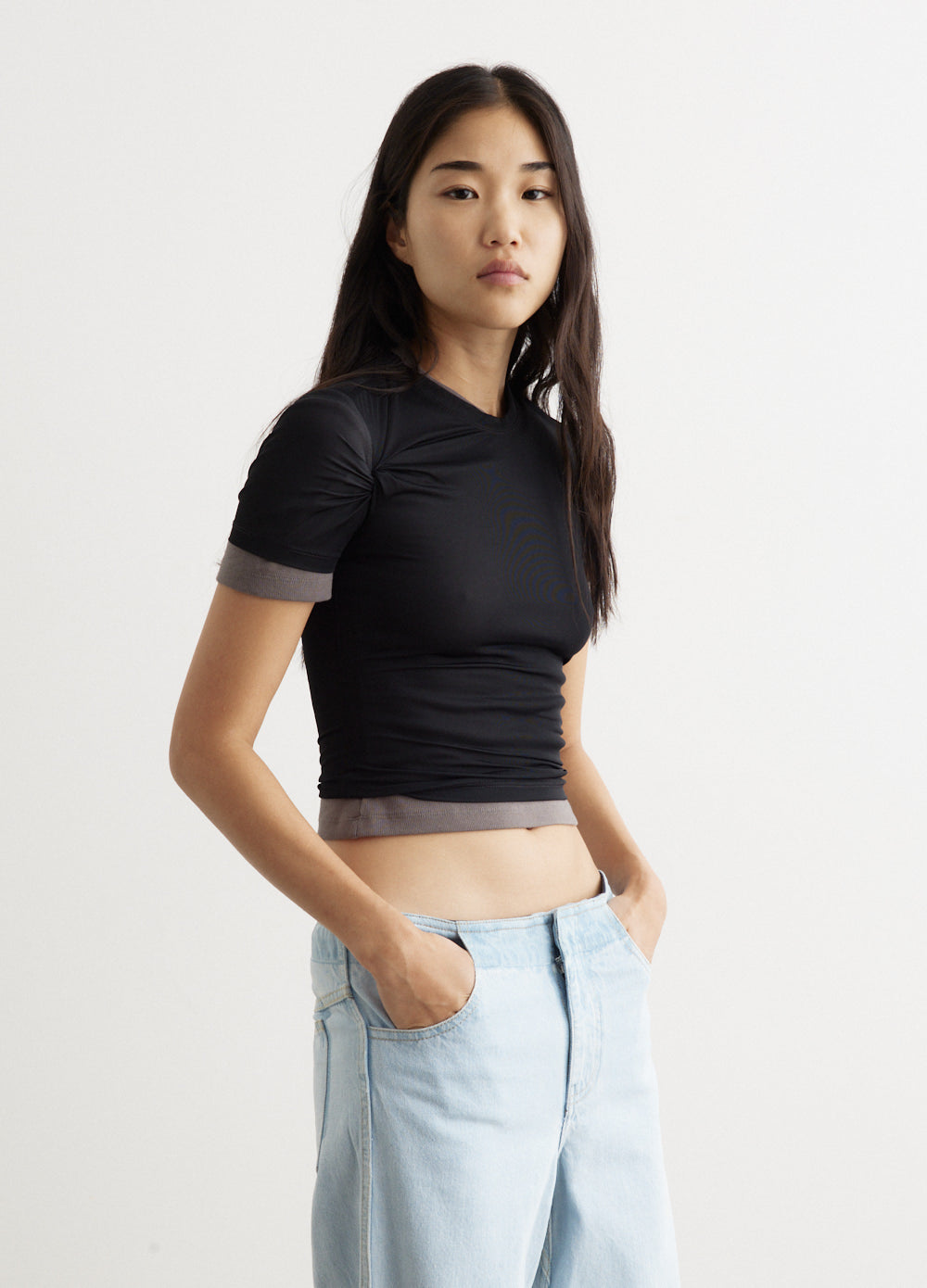 Sheer Overlay Loophole Rib T-Shirt