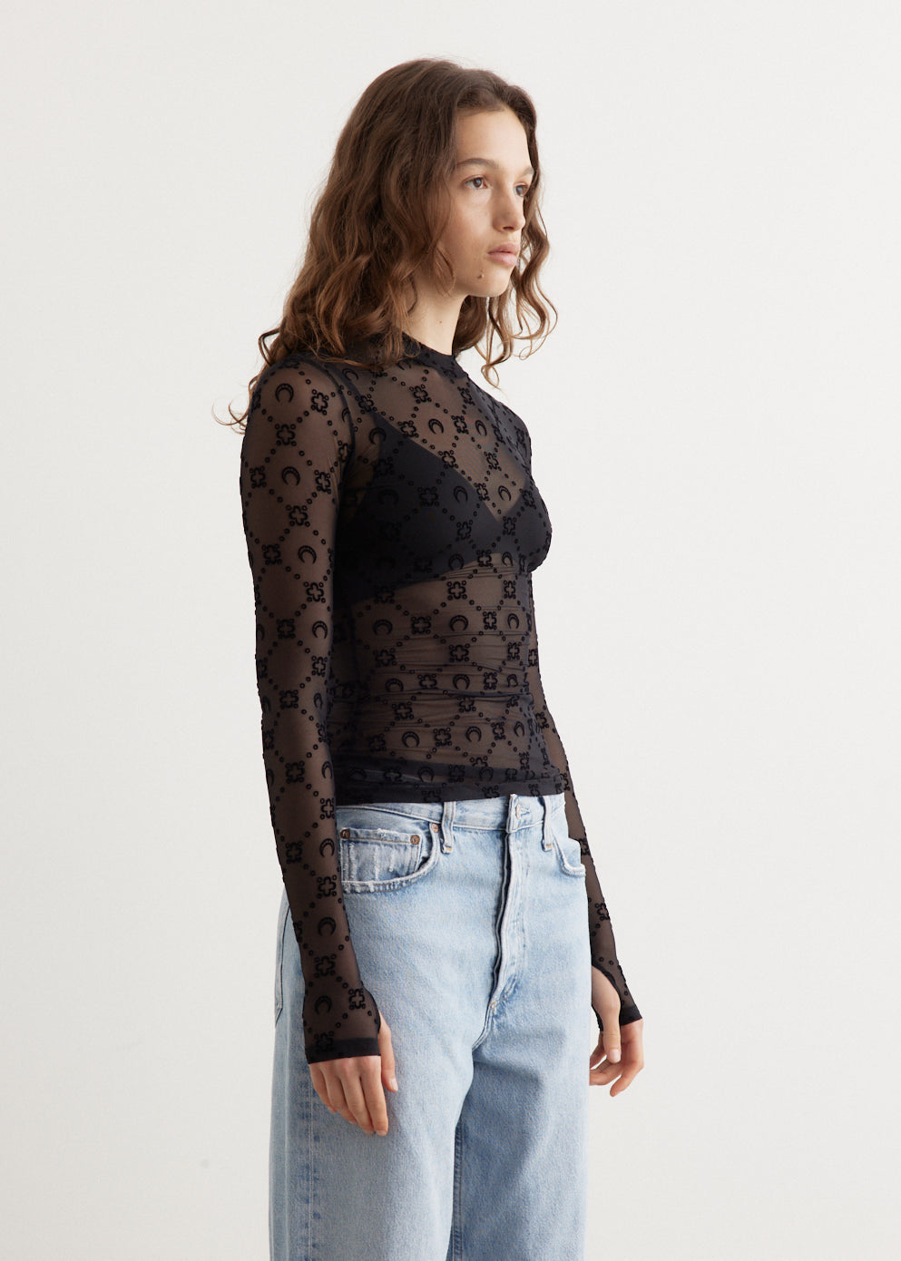 Moonogram Mesh Flock Second Skin Highneck Top