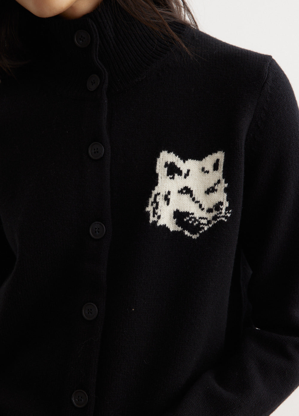 Fox Head Intarsia High Neck Cardigan