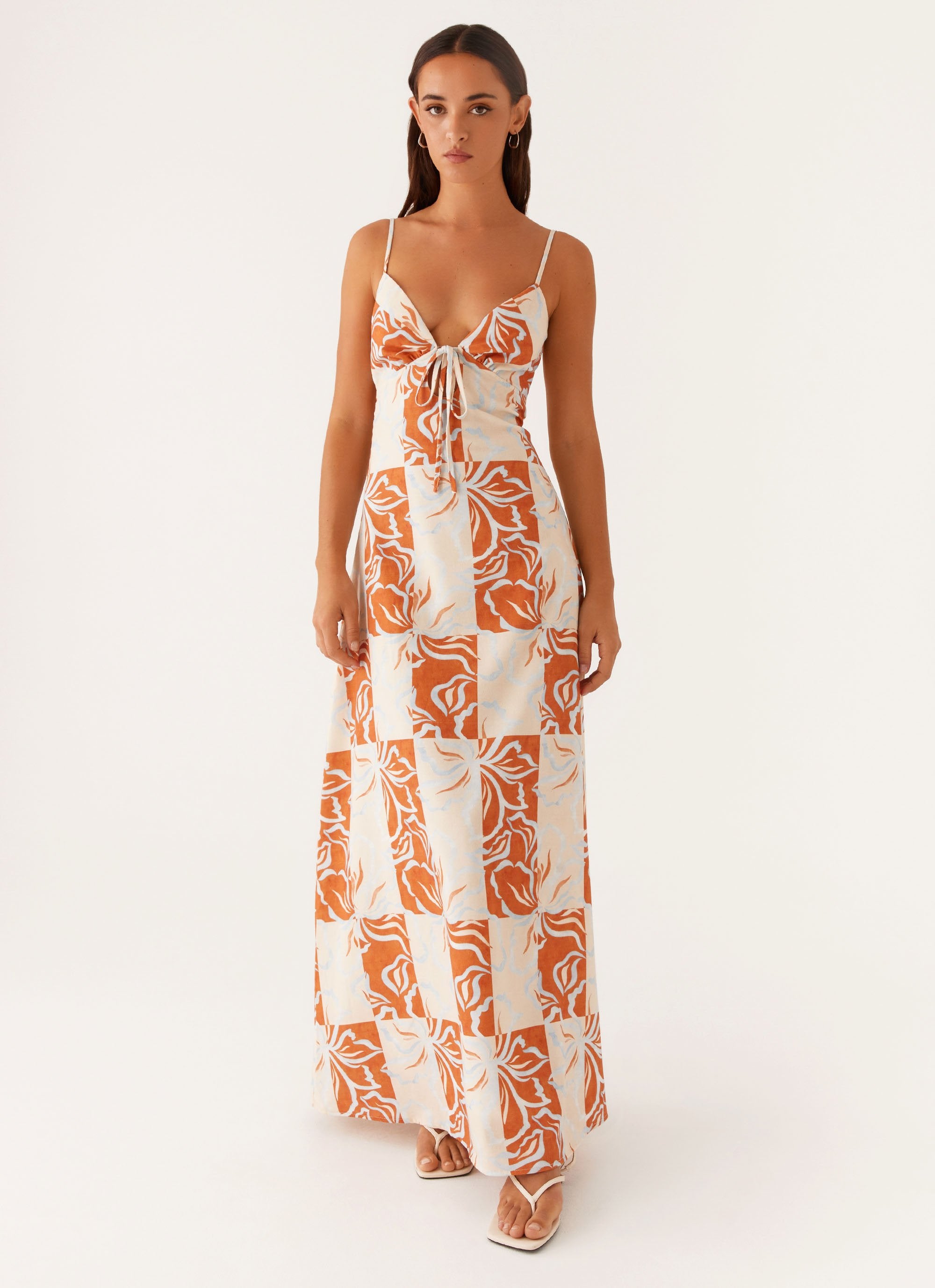 Flora Linen Maxi Dress - Orange Blue Floral