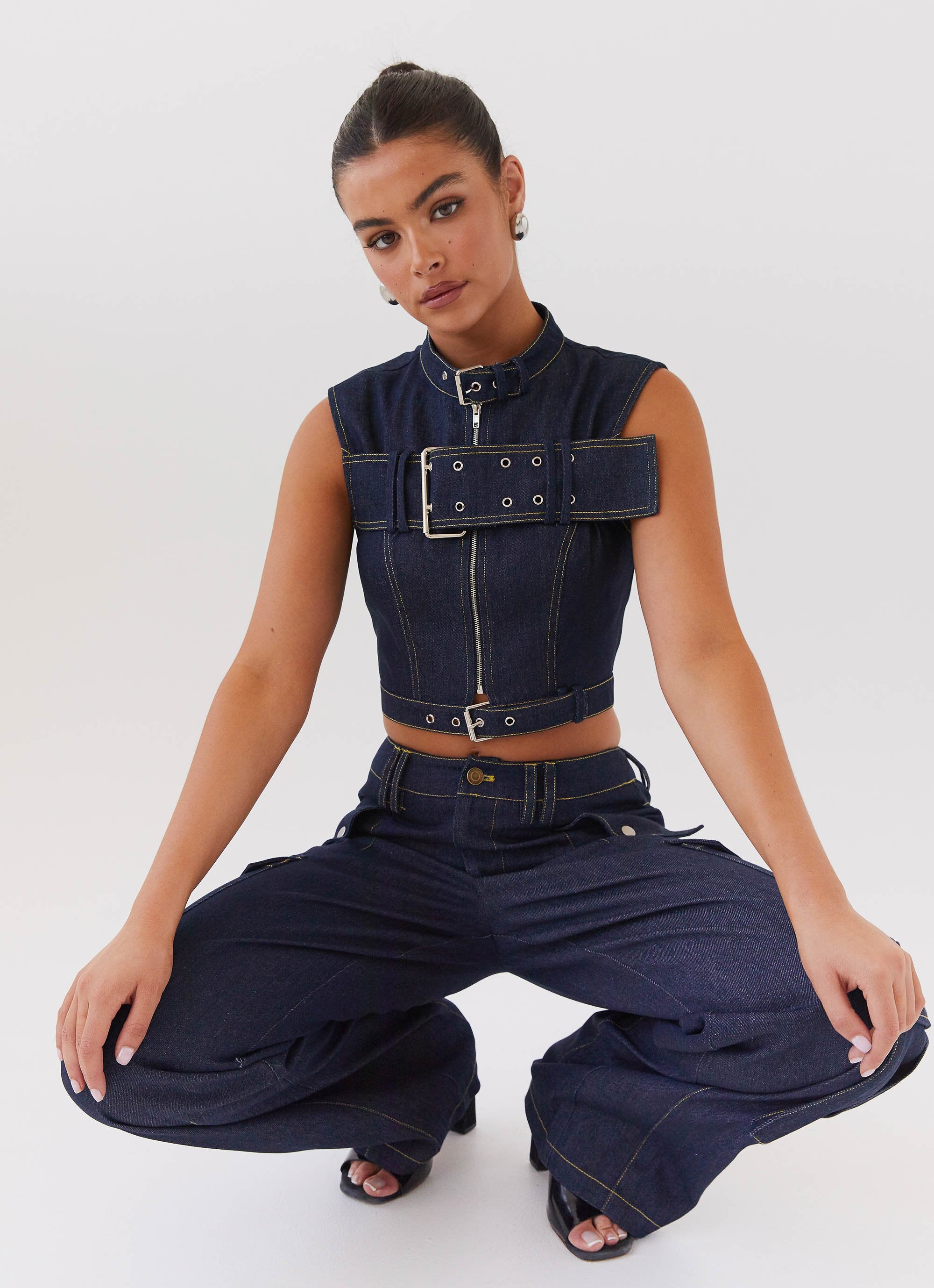 Greedy Denim Buckle Top - Indigo