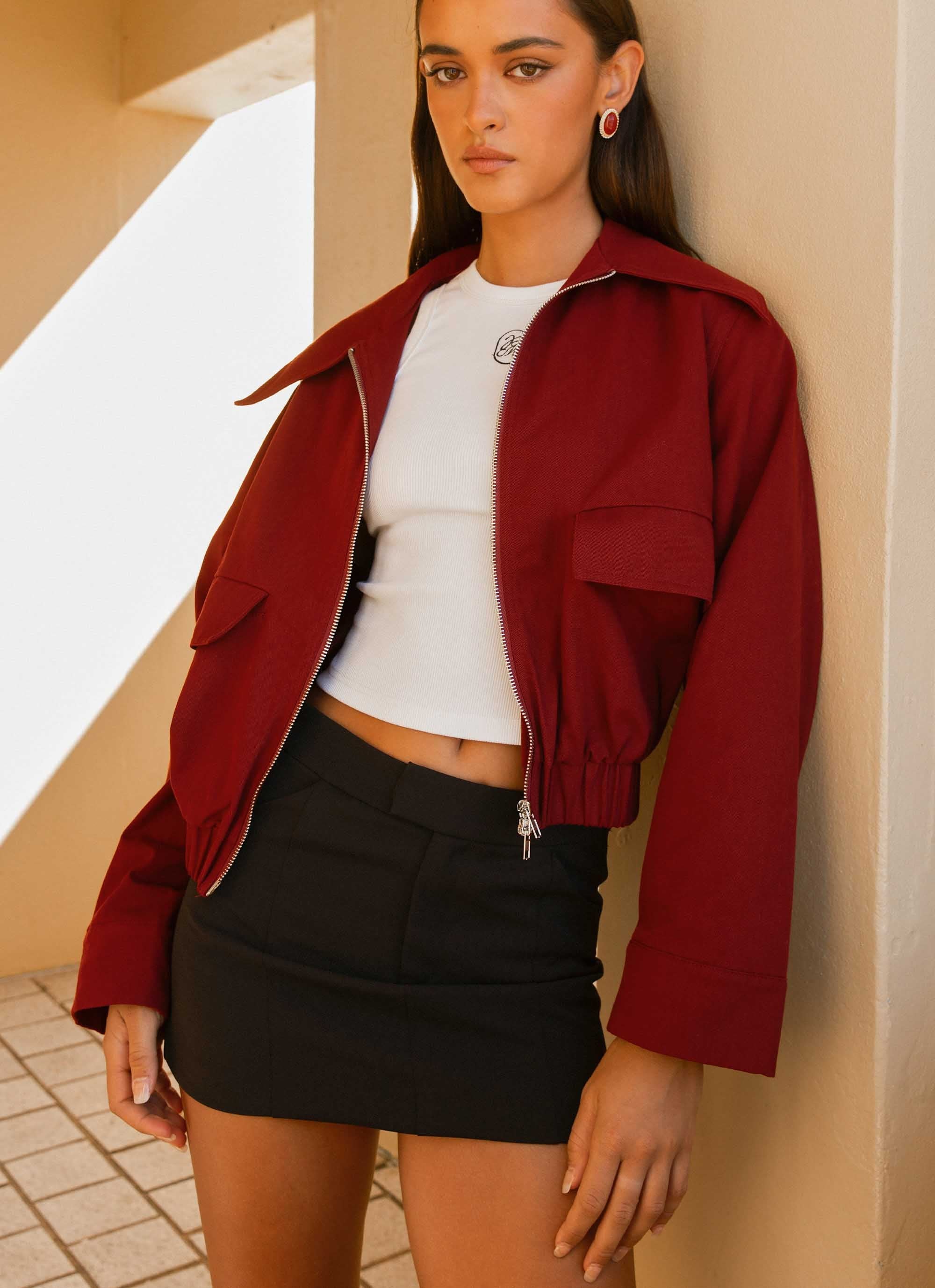 Right Direction Oversized Bomber Jacket - Deep Red