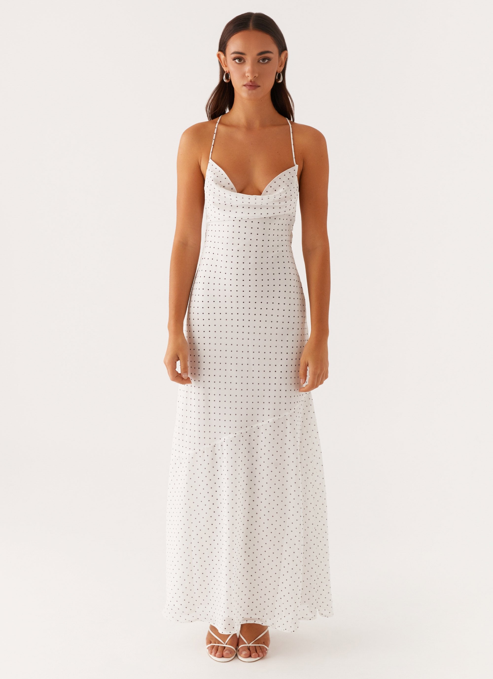 Alianna Cowl Neck Mesh Maxi Dress - White Polka Dot