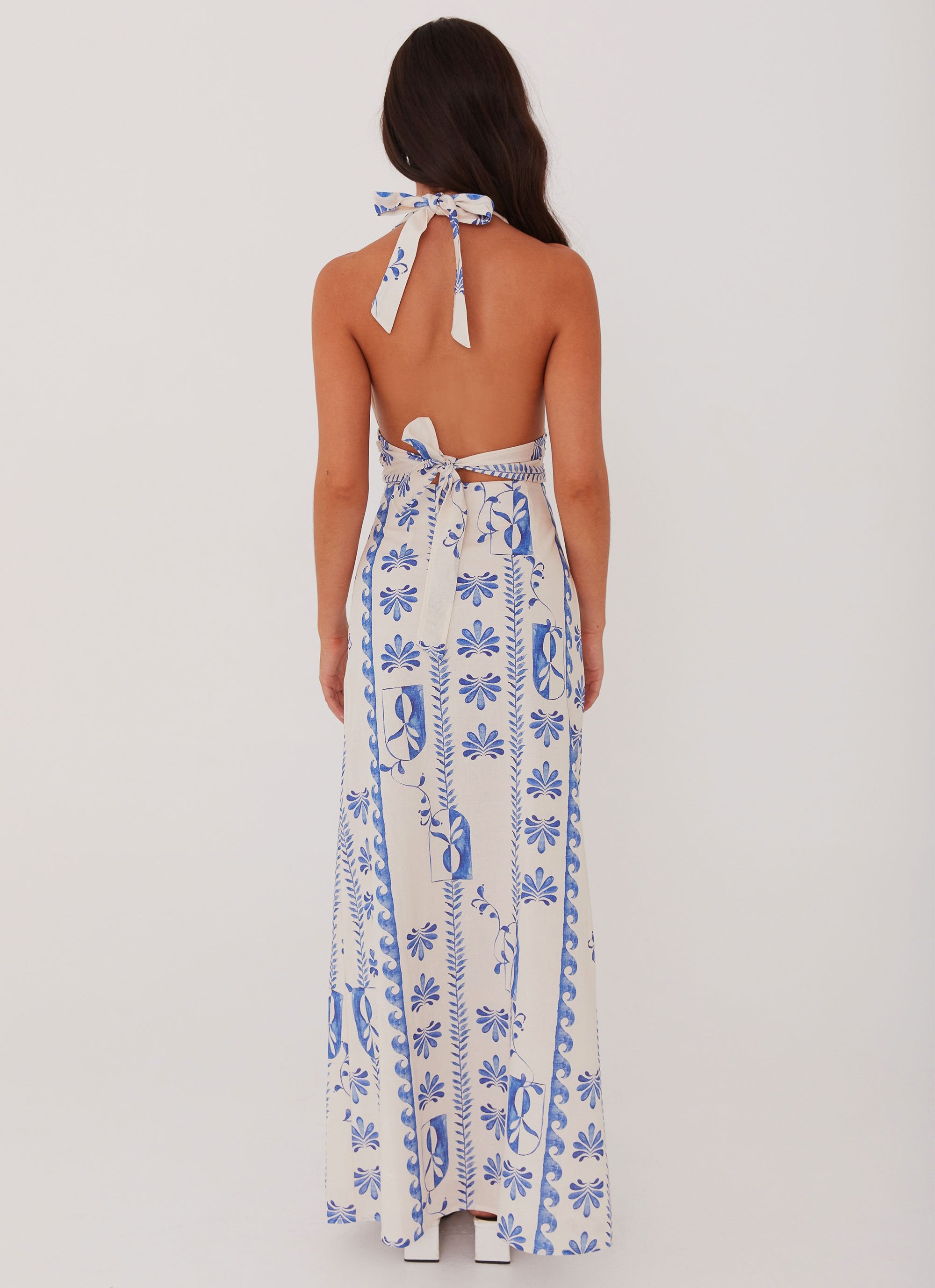 Sky Linen Maxi Dress - Floral Wave