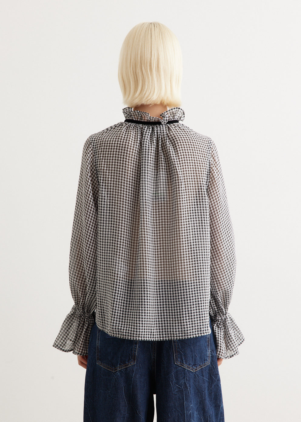 Sheer Fluid Check Tie String Shirt