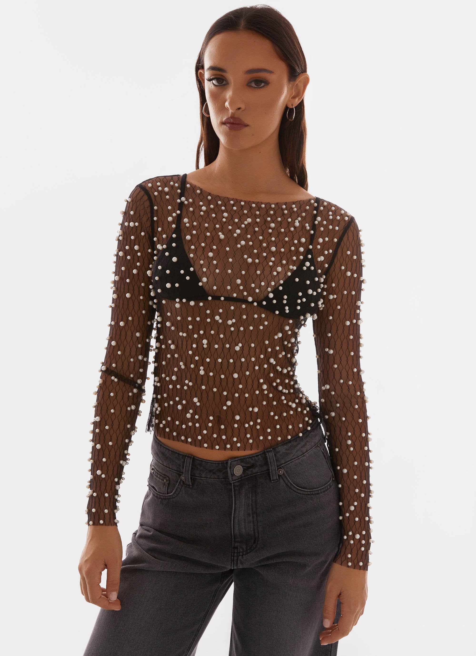 Another Universe Long Sleeve Pearl Top - Black