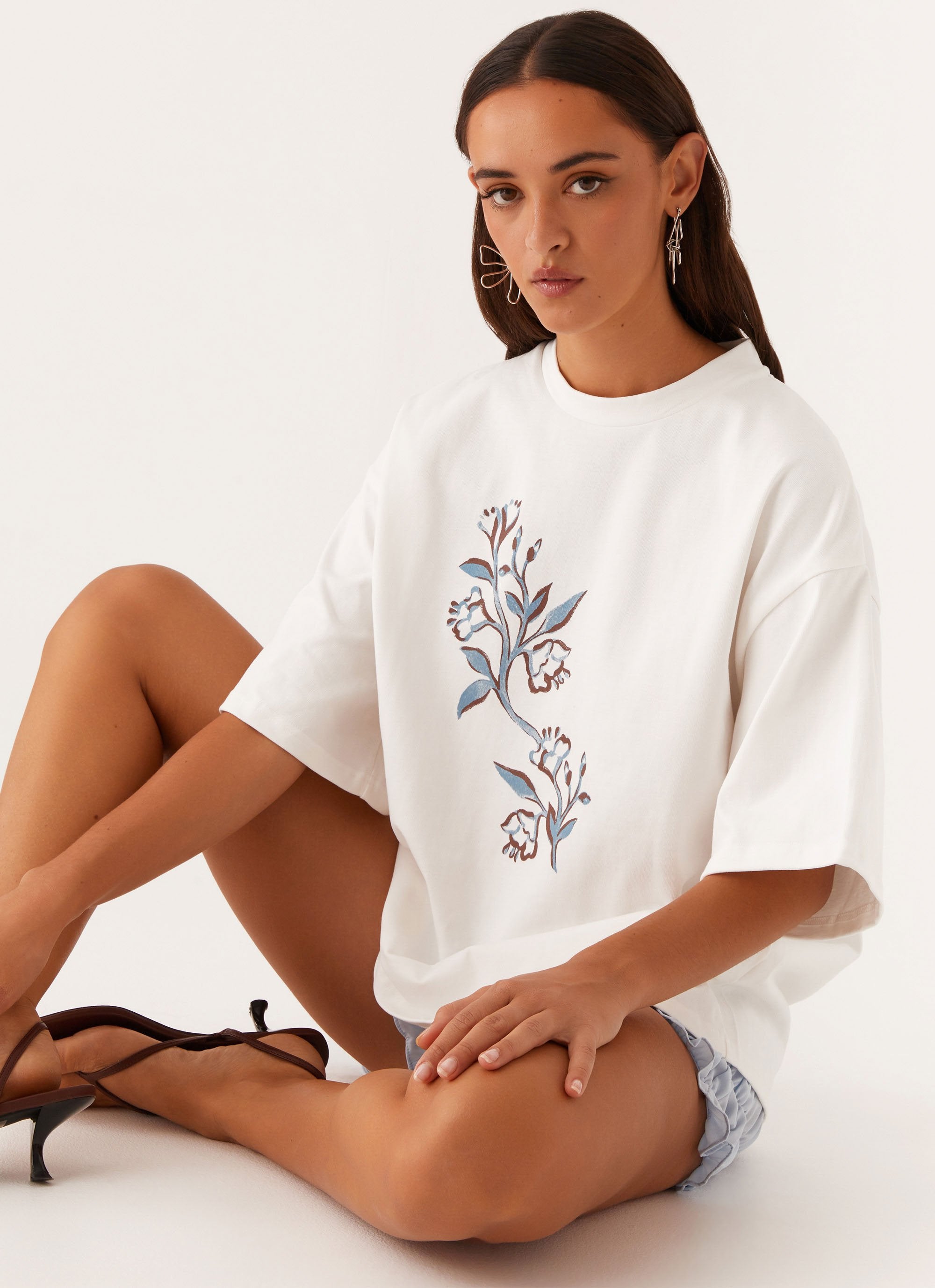 Born To Have Fun Oversized Graphic Tee - Blue Floral