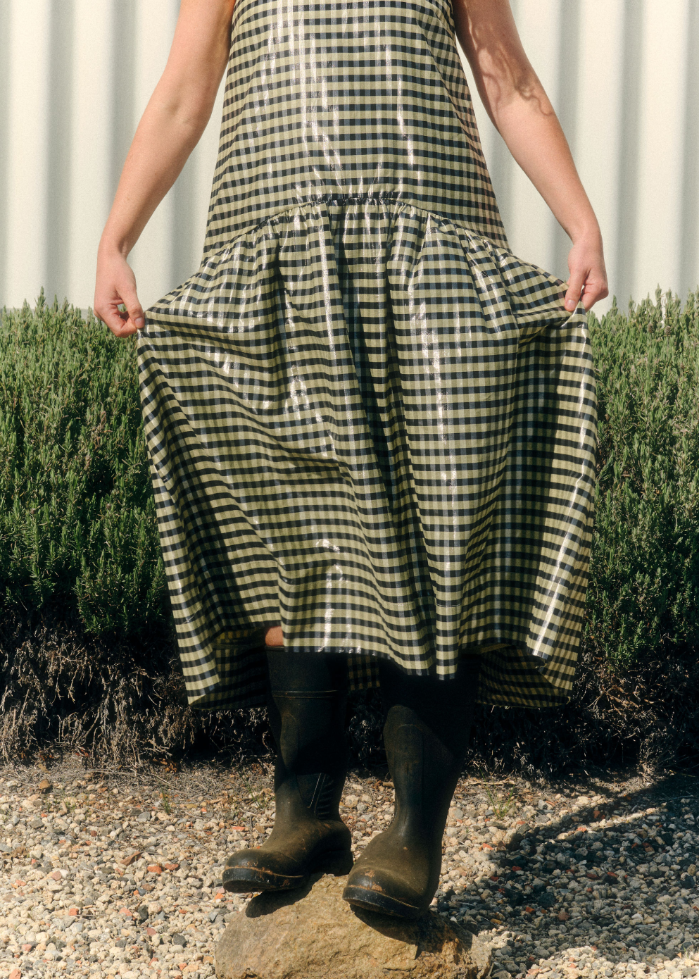 Shiny Check Jacquard Midi Dress