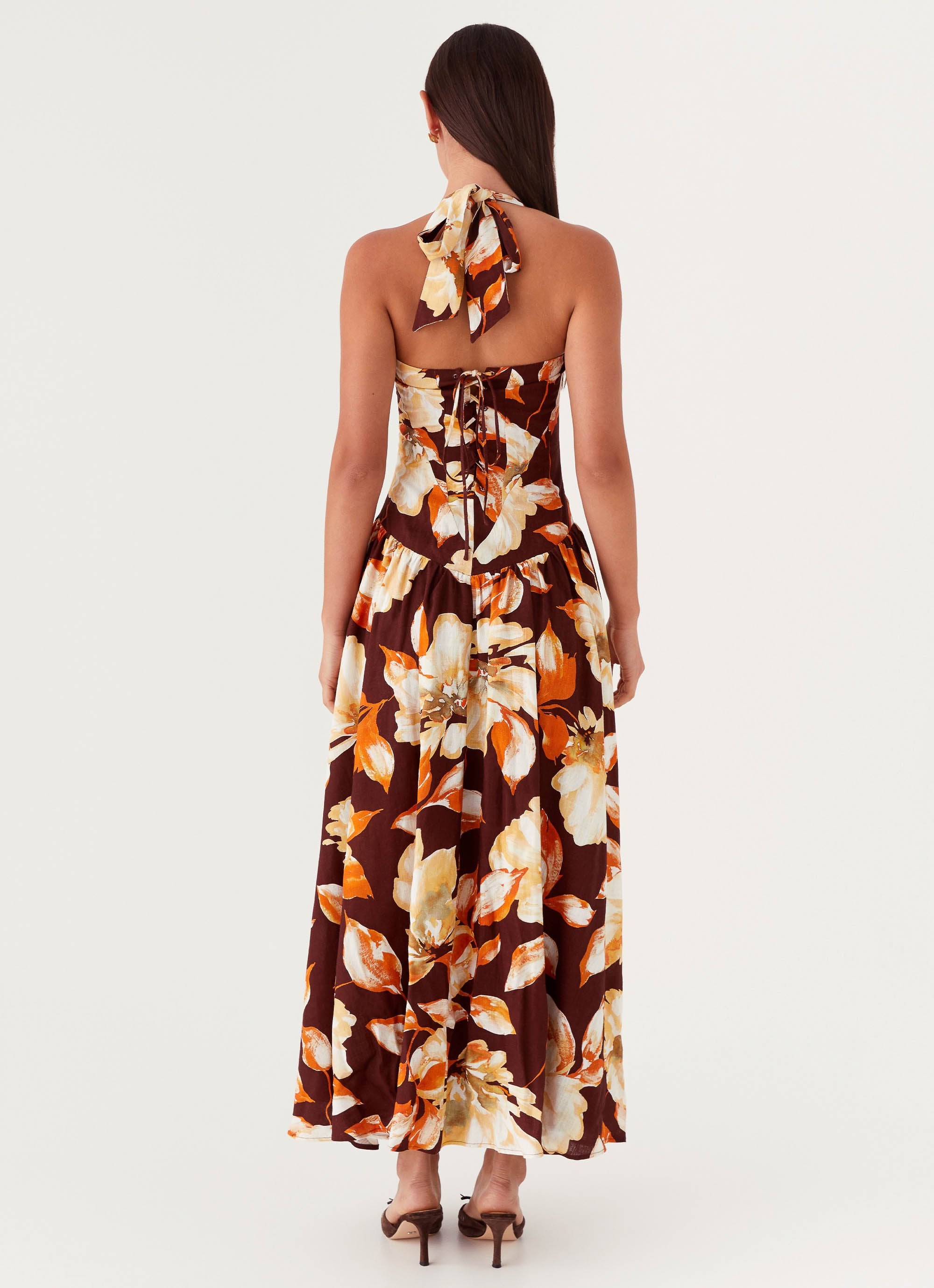 Dahlia Linen Maxi Dress - Brown Floral