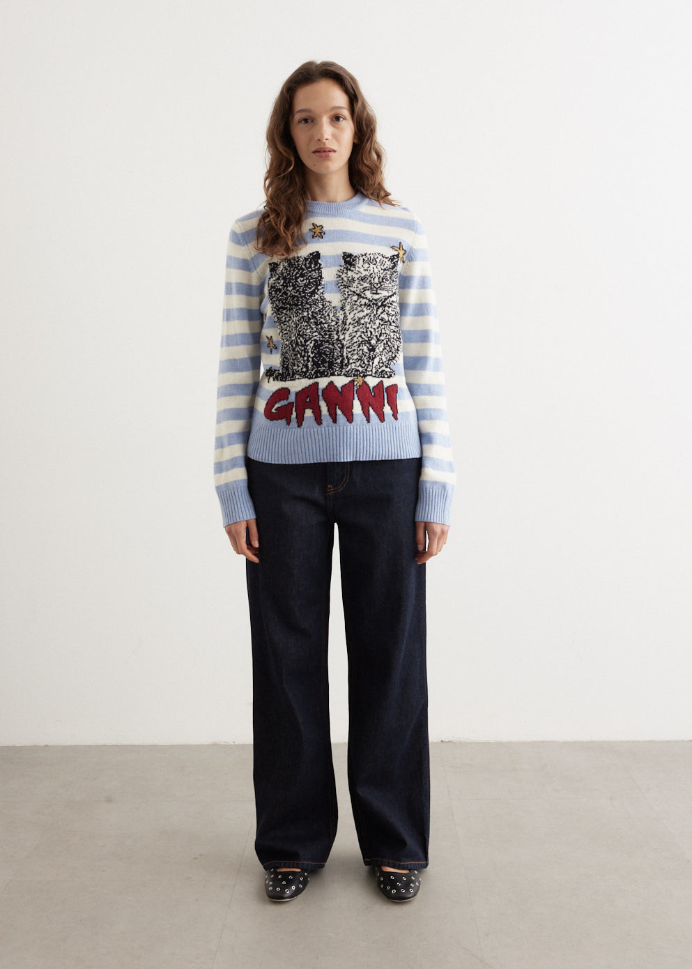 Striped Graphic Wool Mix Cats Crewneck