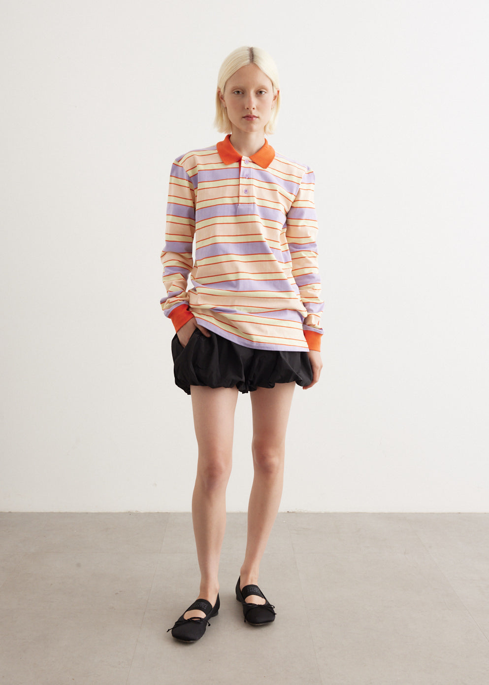 Striped Contrast Trim Long Sleeve Polo Top