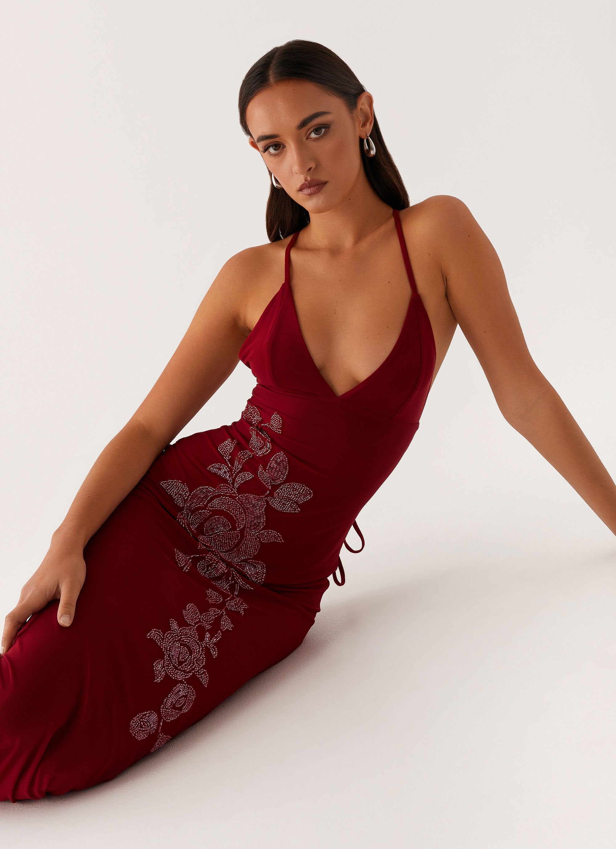 Beki Beaded Mesh Maxi Dress - Deep Red