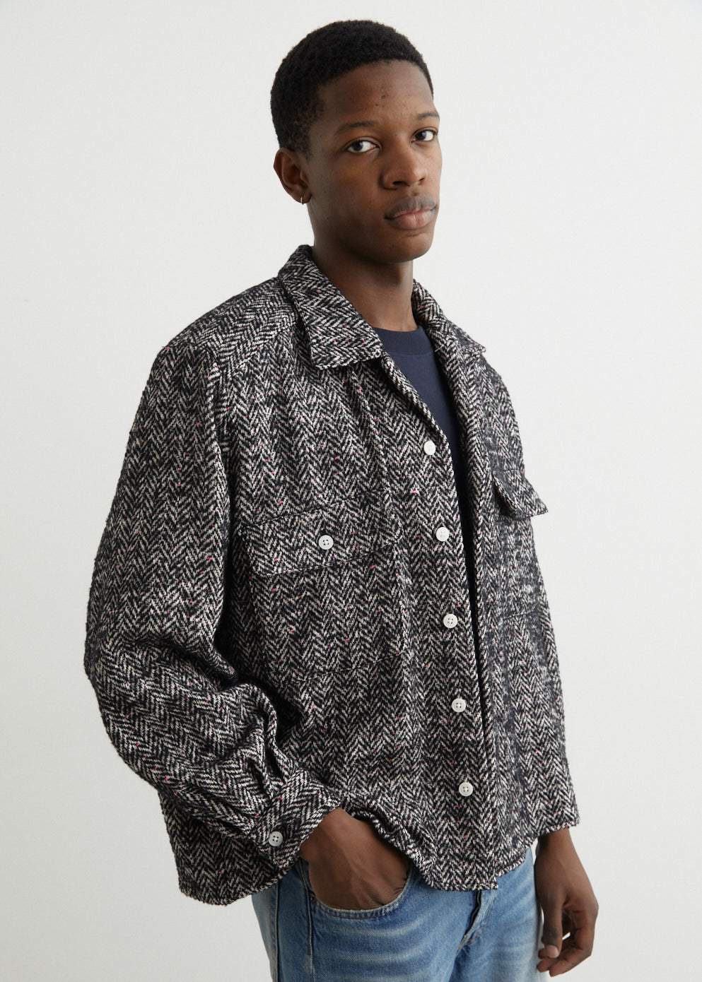 Open Collar Nep Tweed Shirt