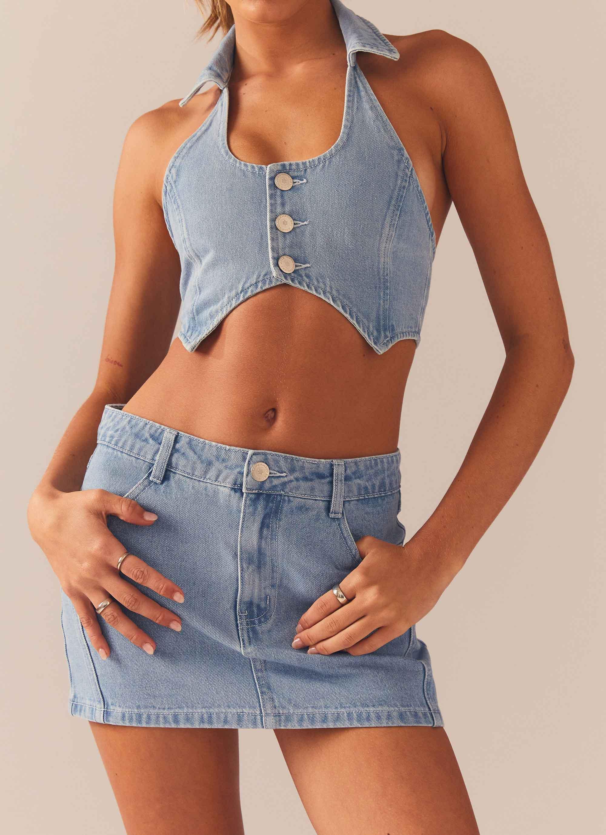 Giddy Up Denim Mini Skirt - Subdued Blue