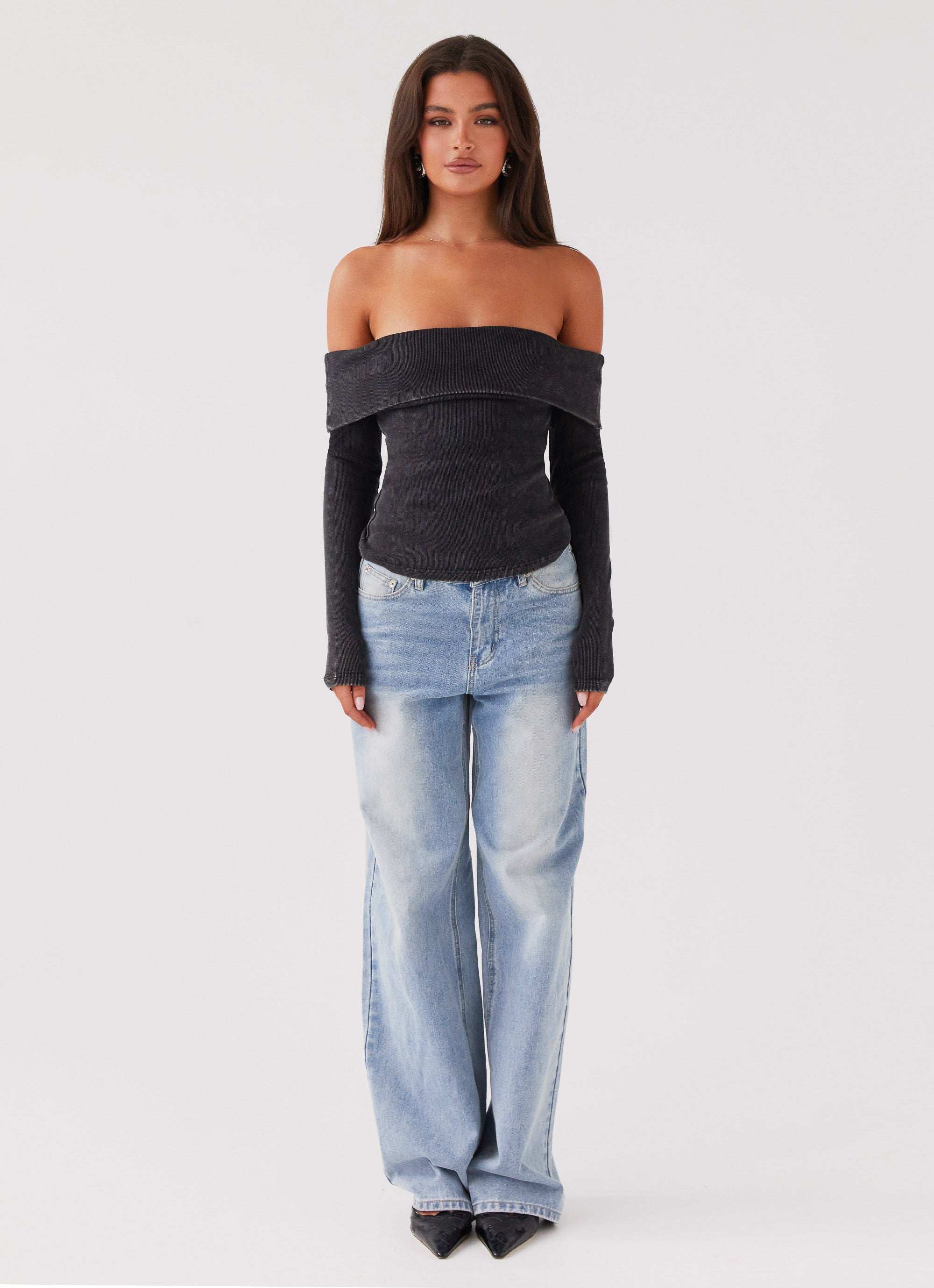 Hayley Long Sleeve Ribbed Top - Charcoal Acid Wash