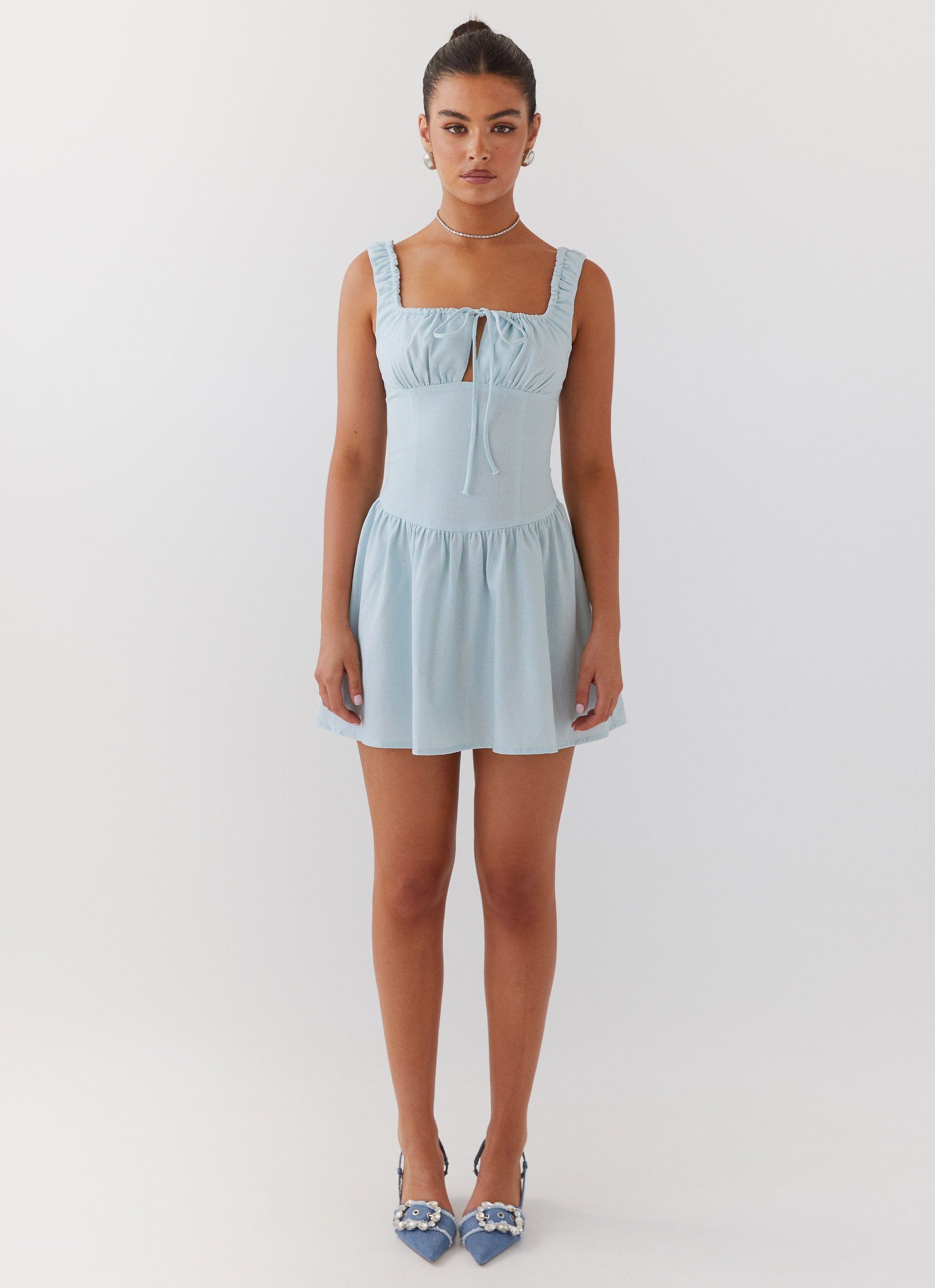 Velvet Skies Linen Mini Dress - Powder Blue