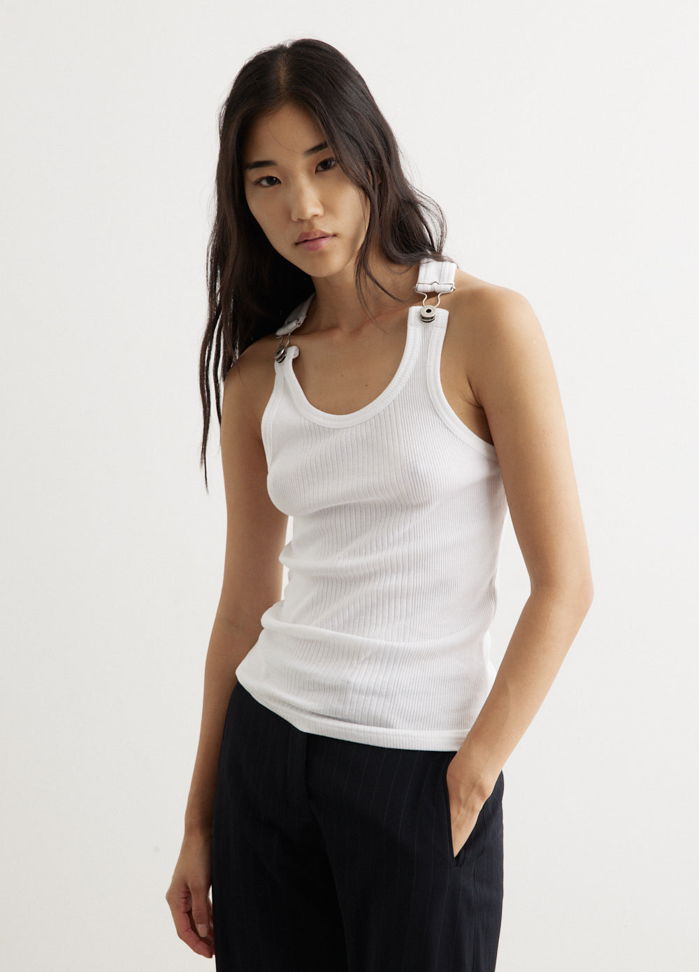 Ribbed Tank Top With Overall Buckles