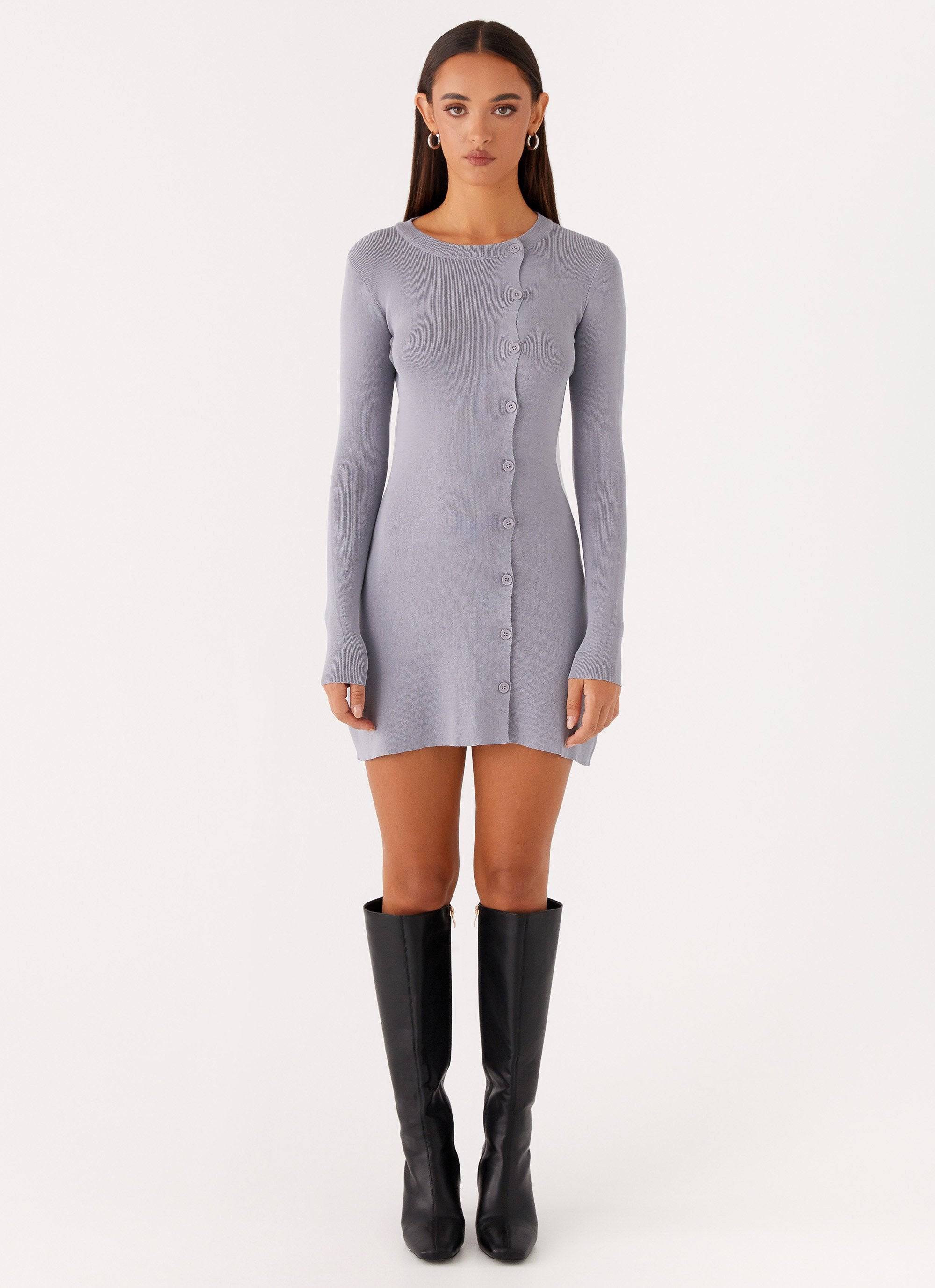 Not One Time Long Sleeve Knit Mini Dress - Grey