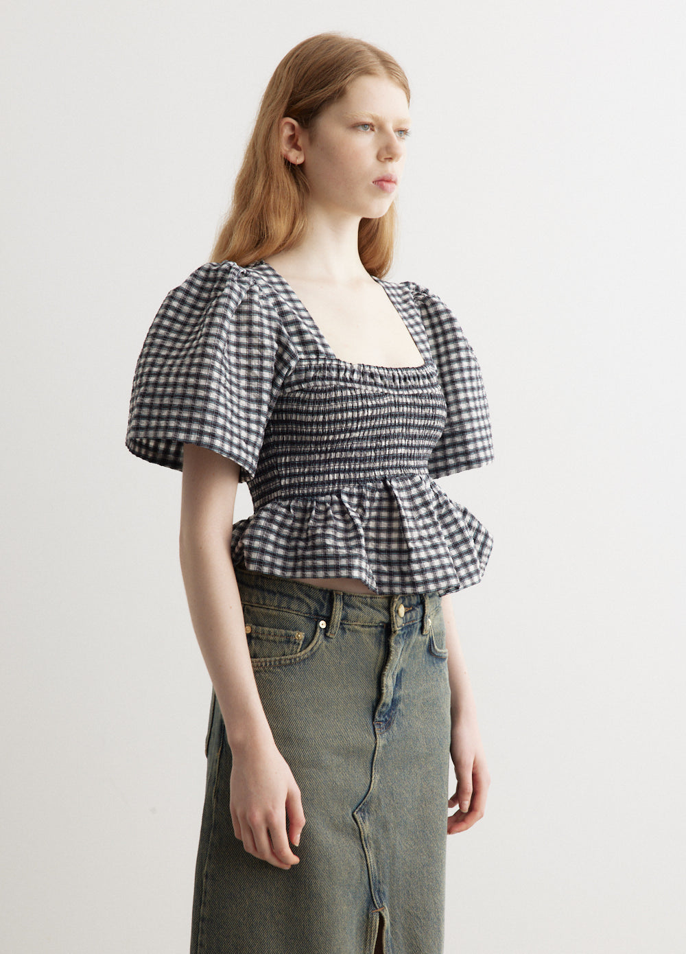 Seersucker Check Open-Neck Smock Blouse