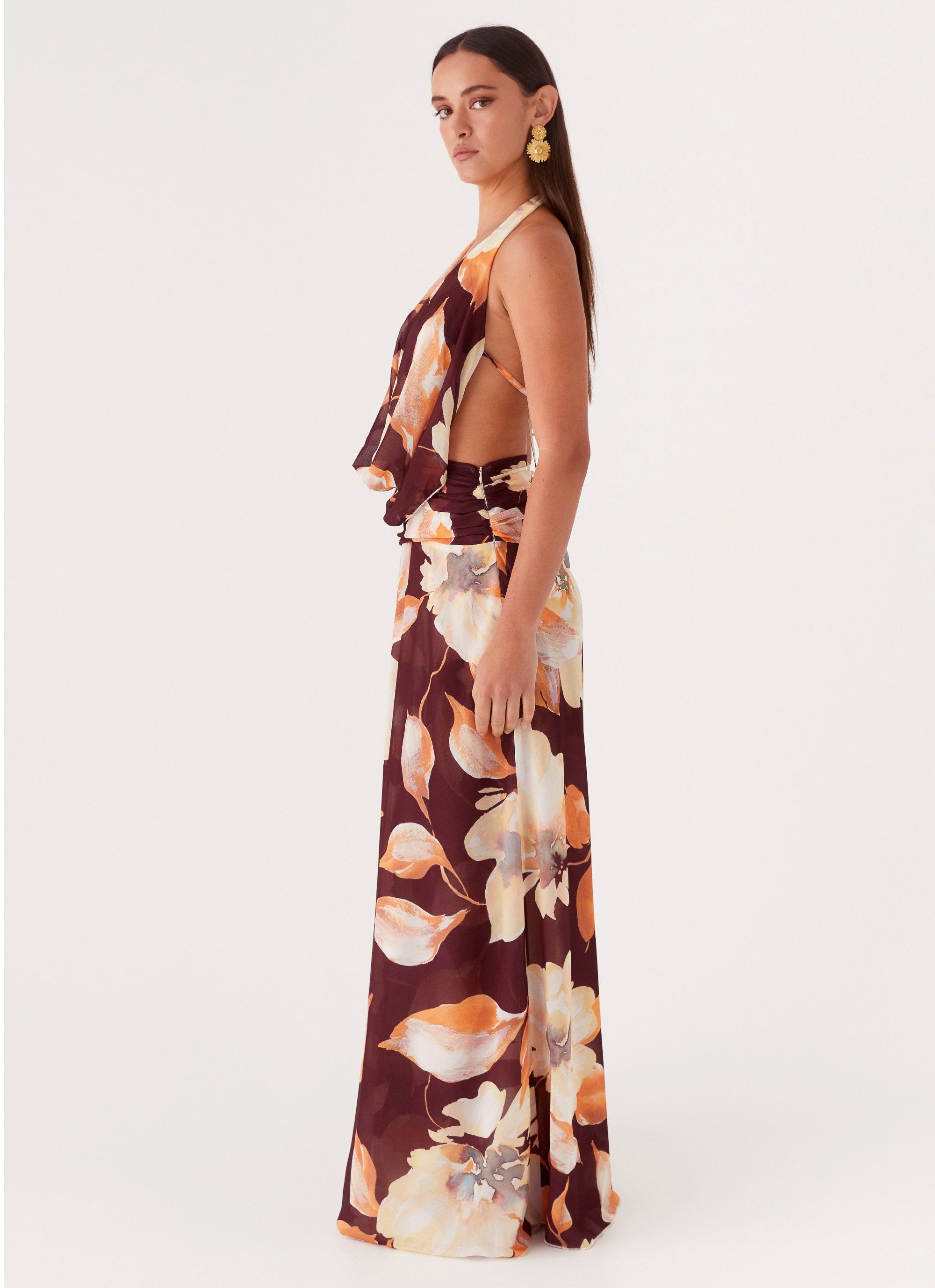 Elysia Chiffon Maxi Dress - Brown Floral