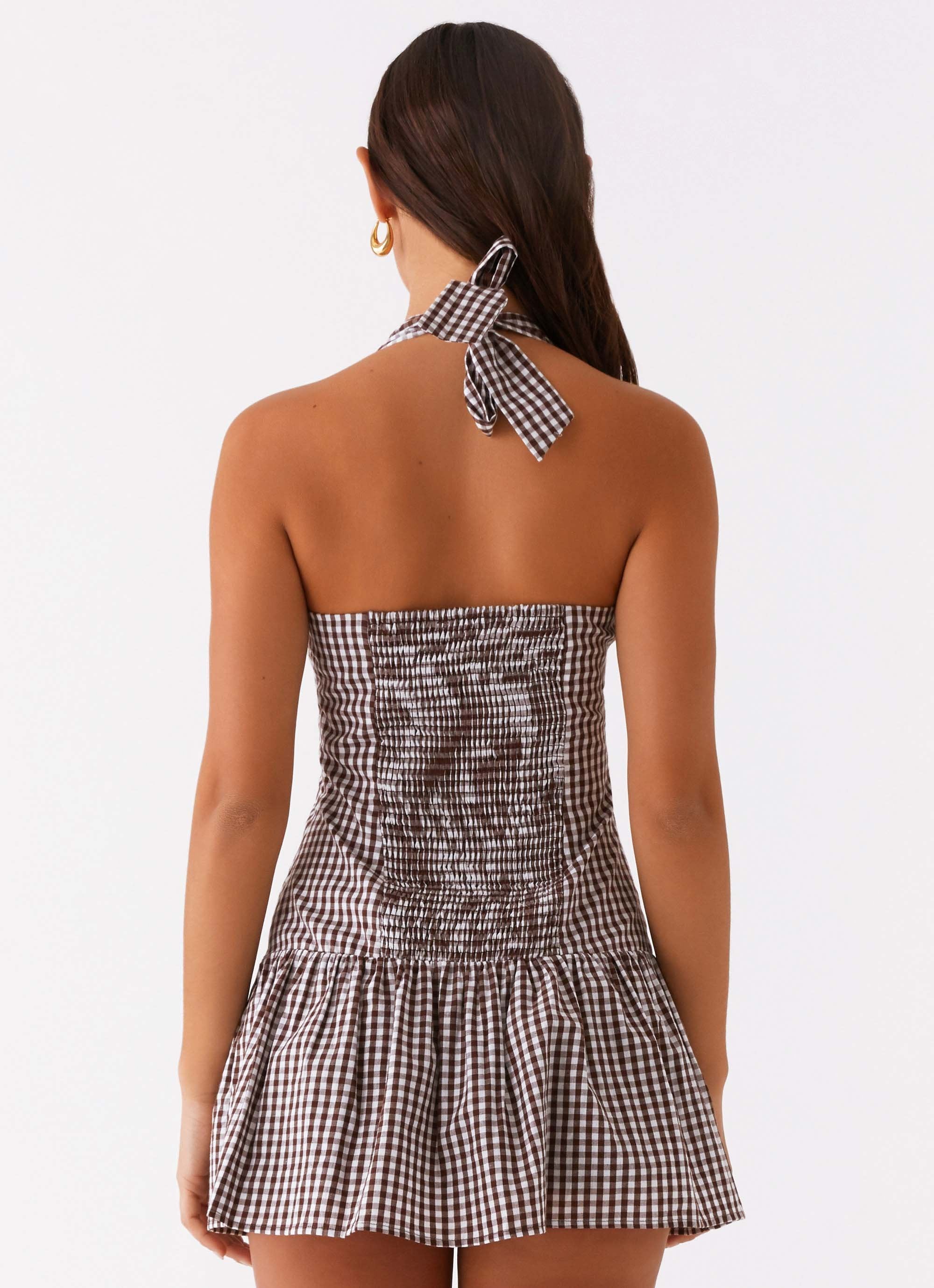 New Look Shirred Halter Mini Dress - Chocolate Gingham