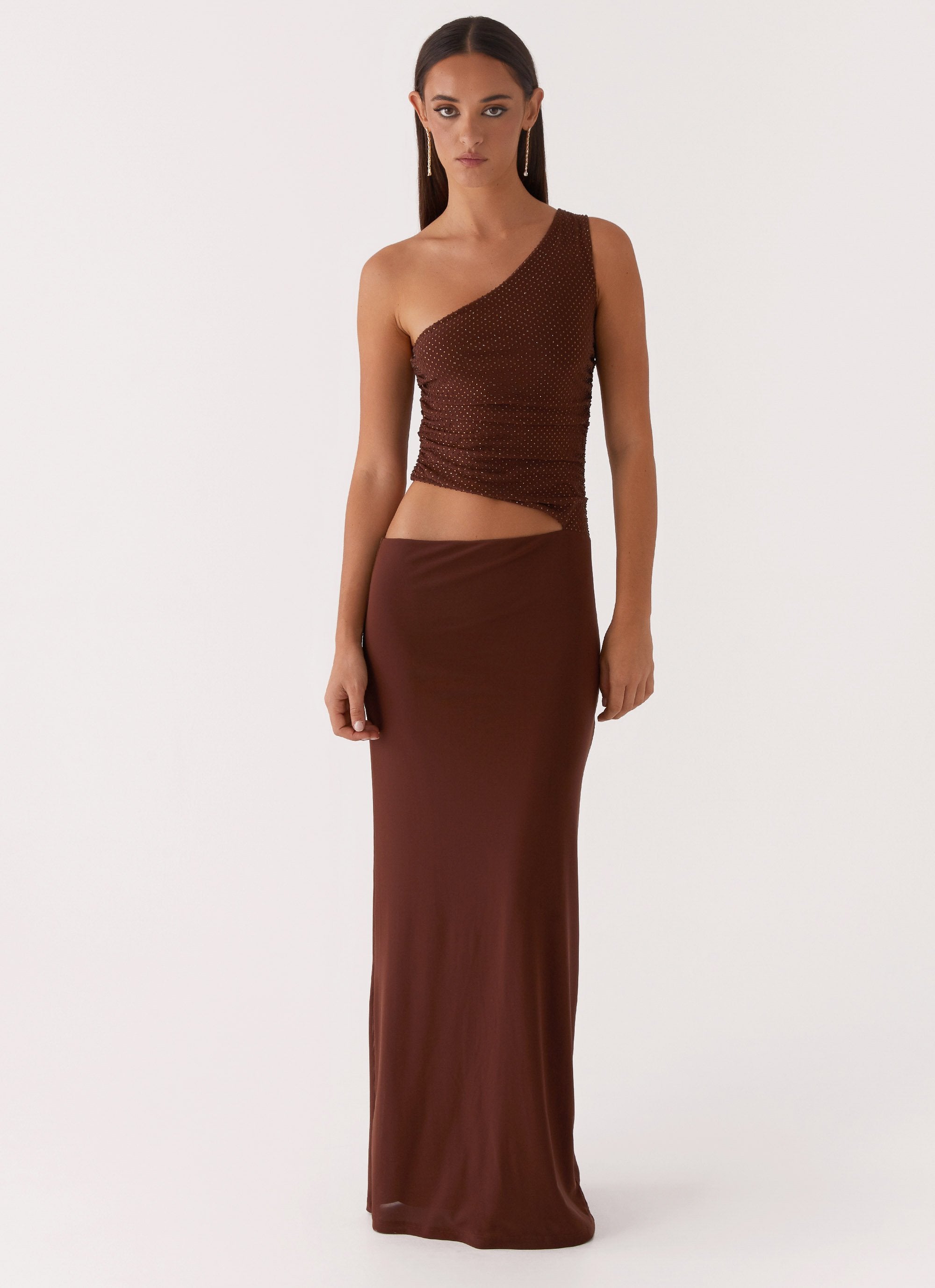 Seranella Sequin One Shoulder Maxi Dress - Chocolate