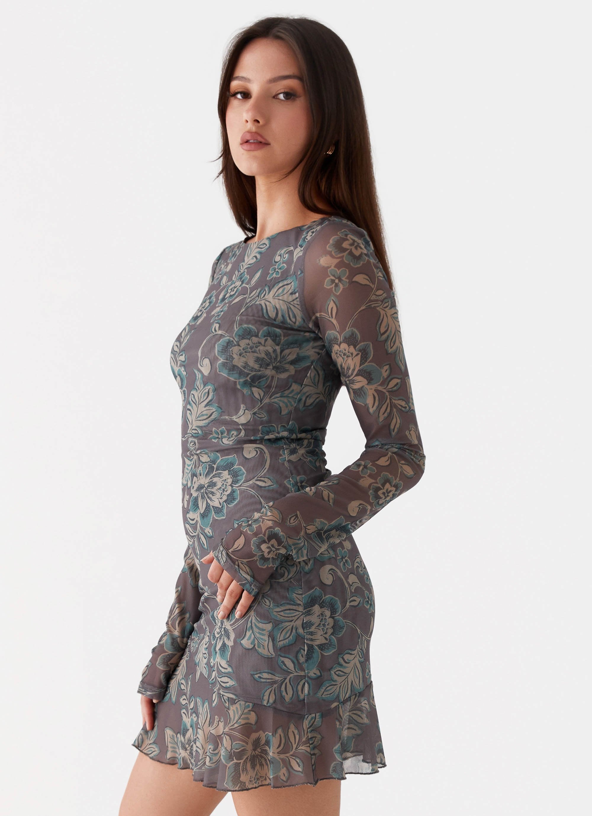 Ines Long Sleeve Mini Dress - Brown Floral