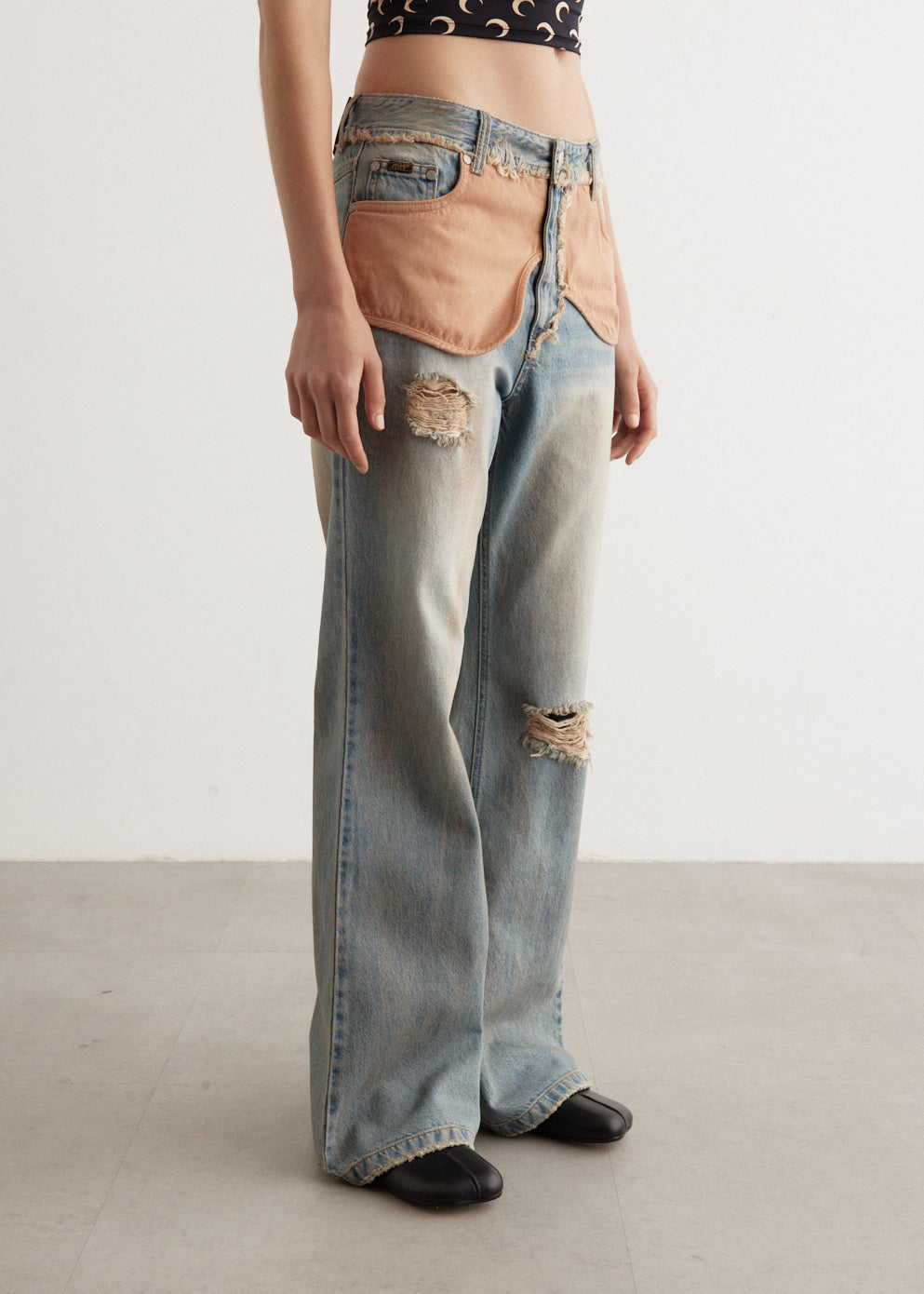 Deconstructed Dirty Wash Bootcut Jeans